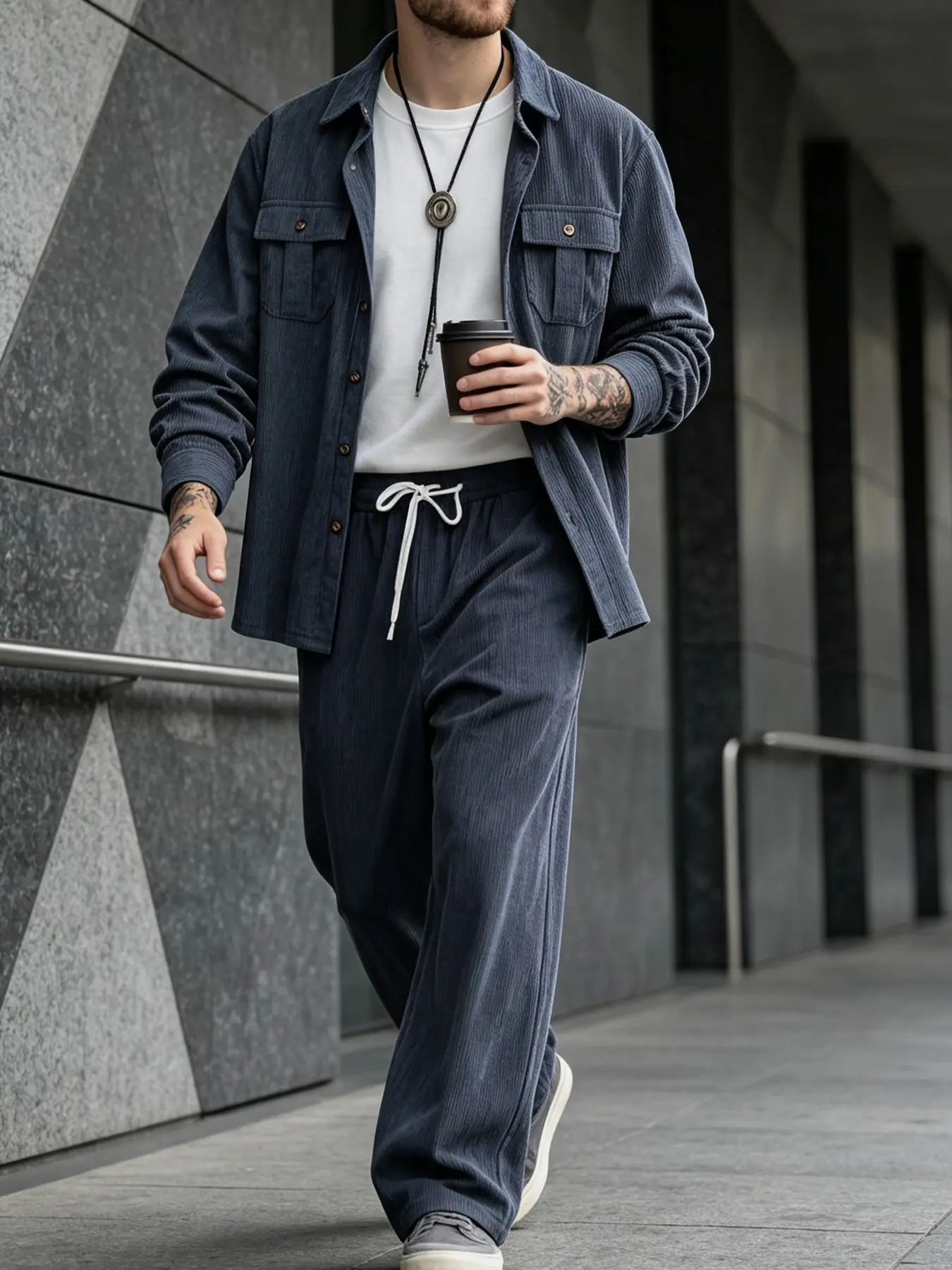 Men's Slate‑Blue Corduroy 2‑Piece Casual Outfit Set, Long‑Sleeve Collared Shirt Jacket With Drawstring Straight‑Leg Trousers, Shirt Jacket Features Vintage Metal Buttons And Dual Cargo Chest Pockets, Vertical Striped Corduroy Texture Fabric, Pants Adopt E