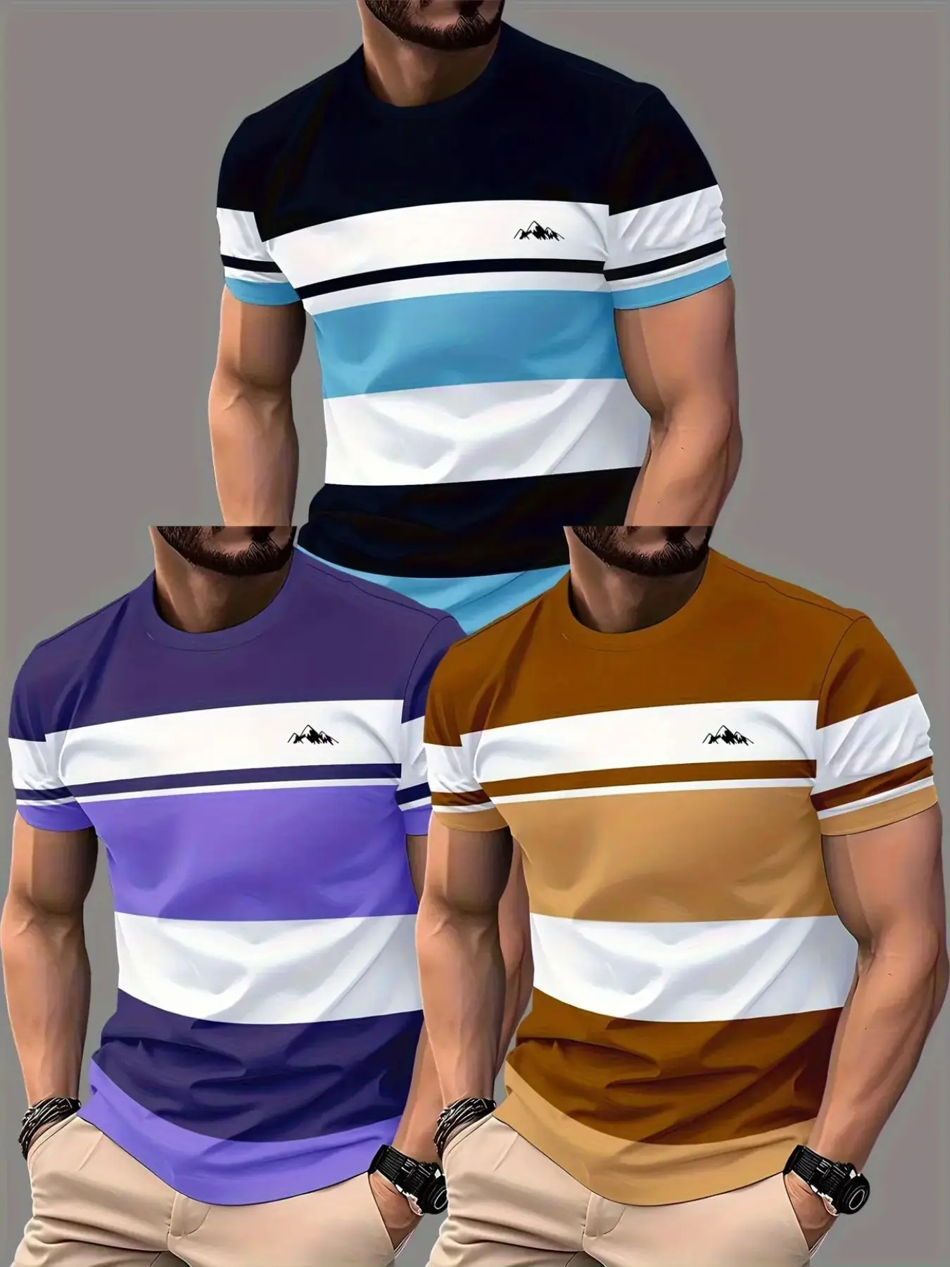 3-Pack Men's 3D Short Sleeve T-Shirts, Menswear, Lightweight Breathable Polyester Knit, Geometric Patterns, Casual Daily Wear, Gym Office Essentials, Top