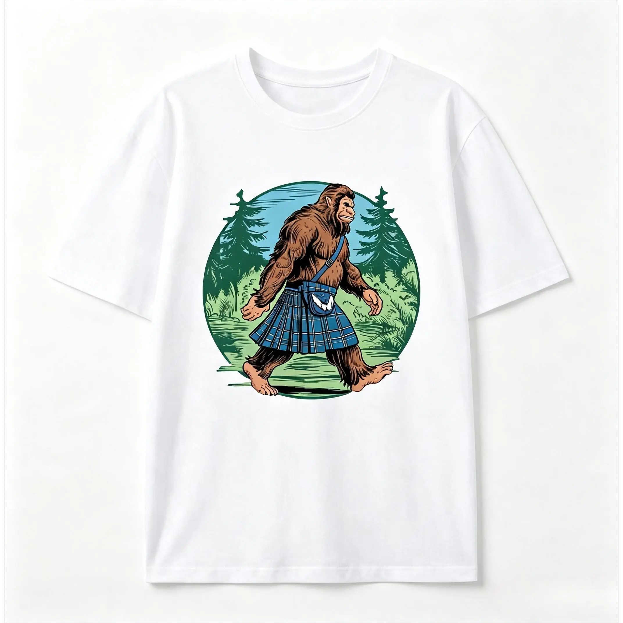 Graphic Oversized Comfort Cotton Outfit Cute Bigfoot Kilt Fashion T-Shirt, Forest Scottish Sasquatch Cartoon Graphic Tee, Ideal Valentine's Day Gift For Him Her, Best Holiday Present For Family Friends Mythology Lovers Casual Short Sleeve Top