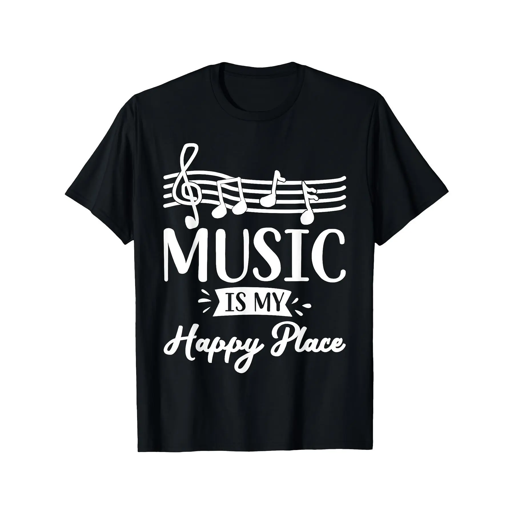 Music Is My Happy Place Graphic T-Shirt - Black with White Musical Notes & Treble Clef Design Loose Fit Casual Tee for Musicians Artists Singers - Machine Washable Gift for Music Lovers Same Style for Men and Women 2026 Summer Short-sleeved Printed