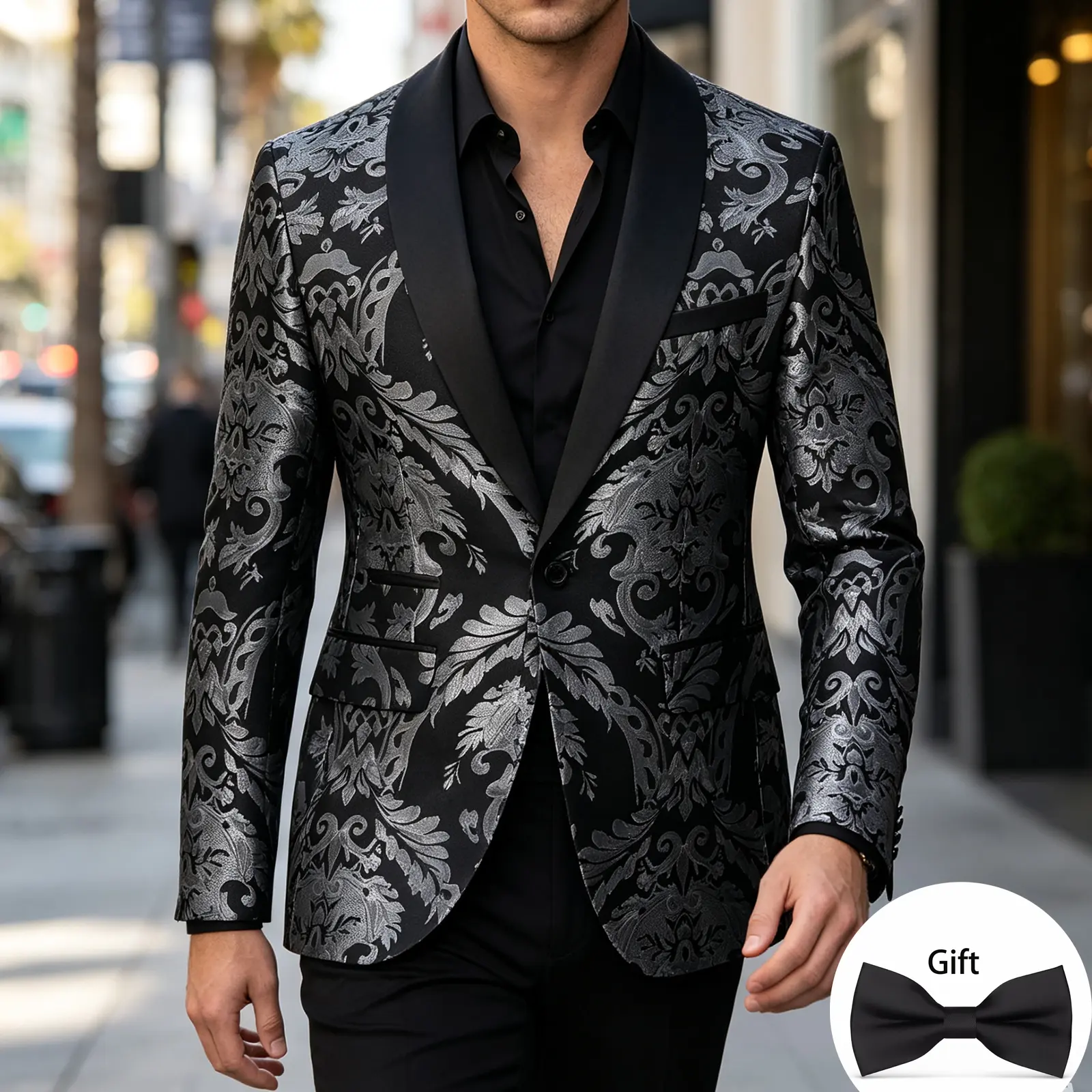 Men's Tuxedo Suit, Slim Fit Floral Jacquard Fabric 2-Piece Set with Shawl Collar Blazer & Matching Pants for Wedding, Prom, Menswear