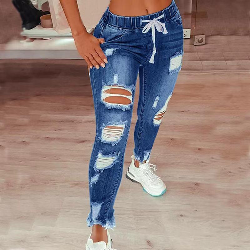 Women's trendy high waist ripped elastic waist drawstring jeans riden jeans  jeans Pants Denim