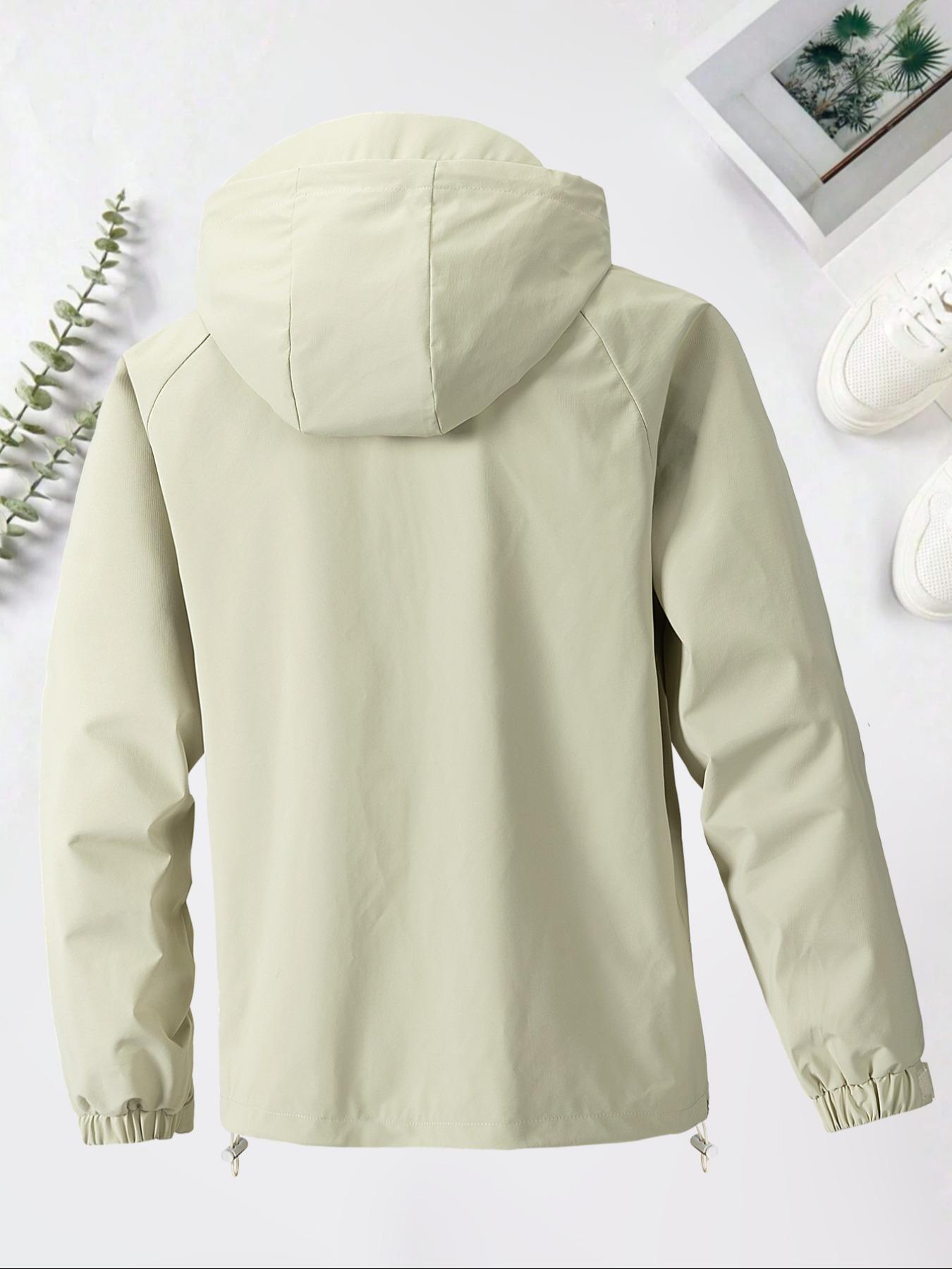 Men's Solid Pocket Drawstring Hooded Jacket, Regular Fit Casual Waterproof Windproof Long Sleeve Zip Up Outerwear for Spring & Fall, Fashion Men's Clothes for Daily Wear