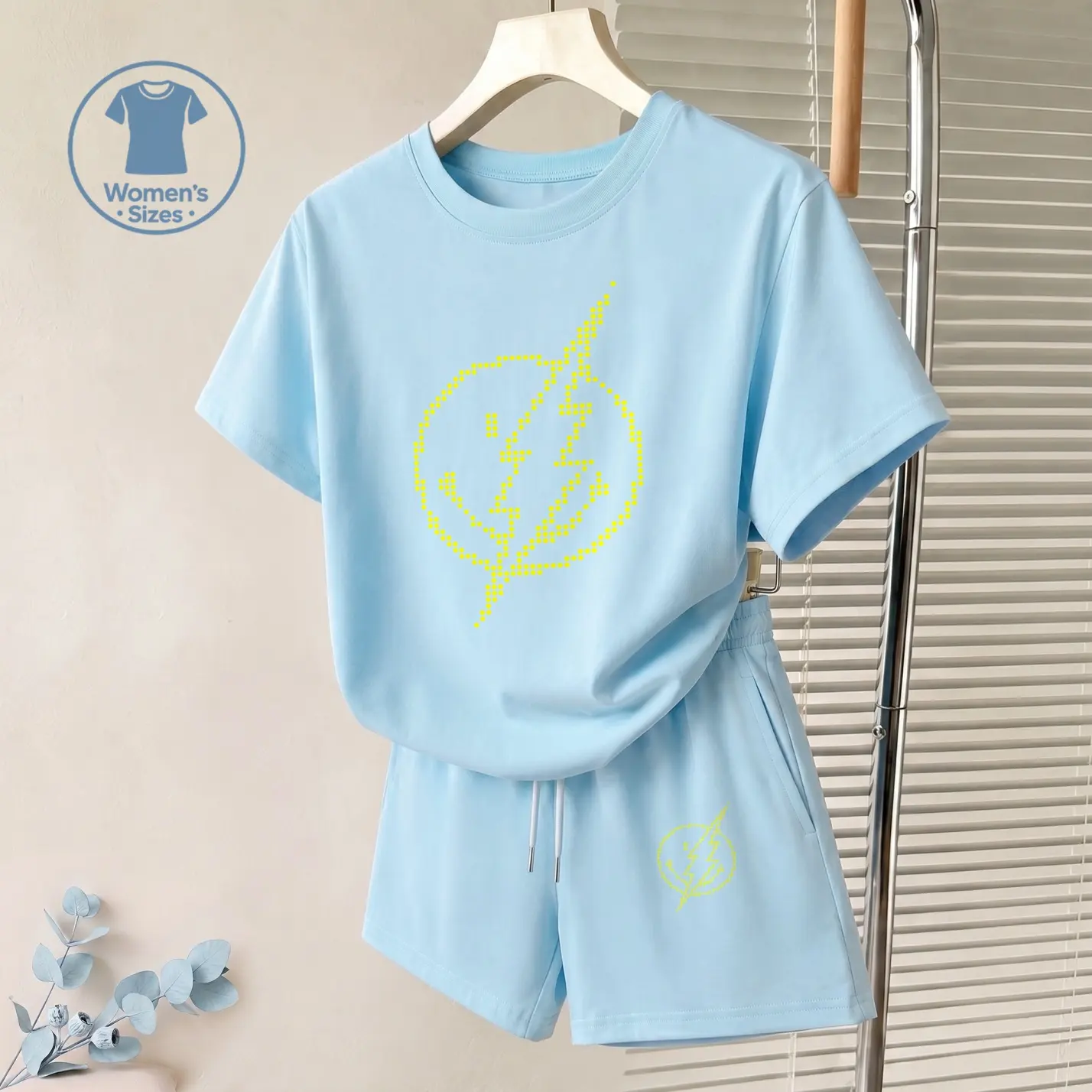Women’s Lightning Smiley Face Graphic Print Casual 2-Piece Shorts Set, Short Sleeve T-Shirt and Drawstring Shorts Outfit, Lounge Set for Beach, Vacation, Cruise, Travel, Daily Wear and Summer Casual Style