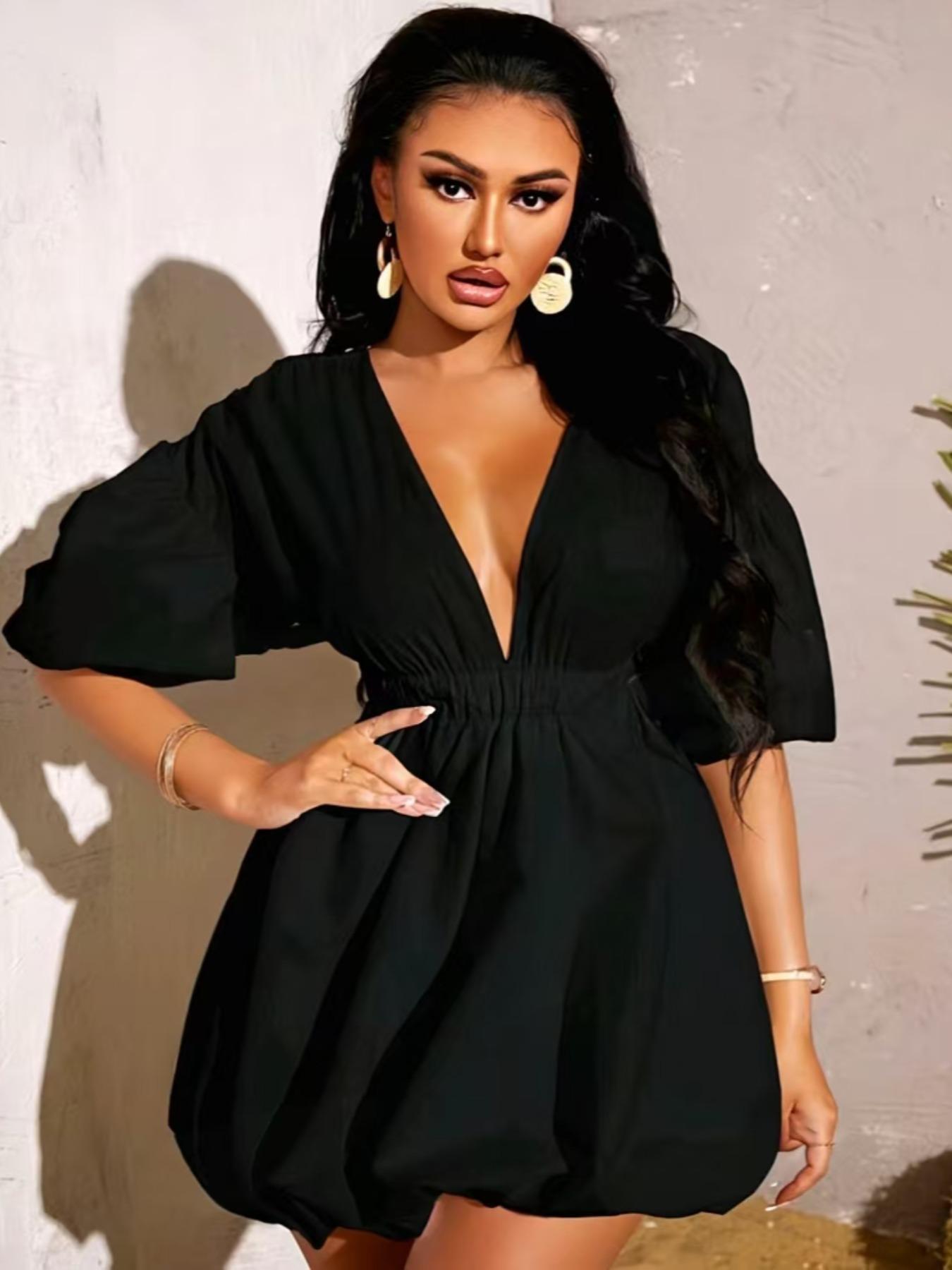 Women's Plain Puff Sleeve Deep V Neck Dress, Fashion Casual Short Sleeve A Line Mini Dress for Daily Outdoor Wear, Women Dress for Spring Fall, Womenswear