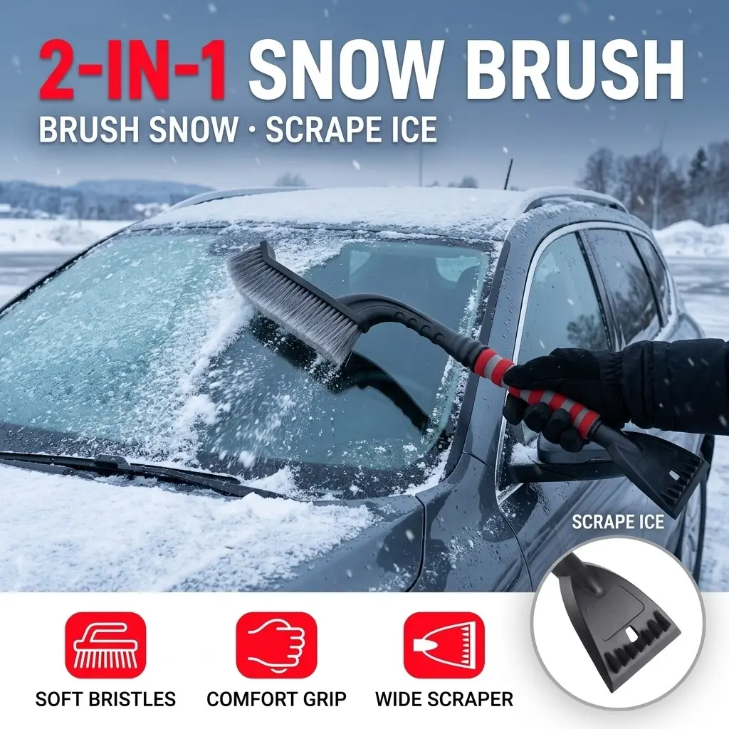1Pcs Two End Integrated Vehicle Snow Clearing Tool Curved Shaft Structure With Sponge Wrapped Hand Grip Sweeping Brush Head And Ice Scraper End Portable On-board Supplies Suitable For Sedans SUVs MPVs Winter Outdoor Road Trip Snow Clean Up Accessories