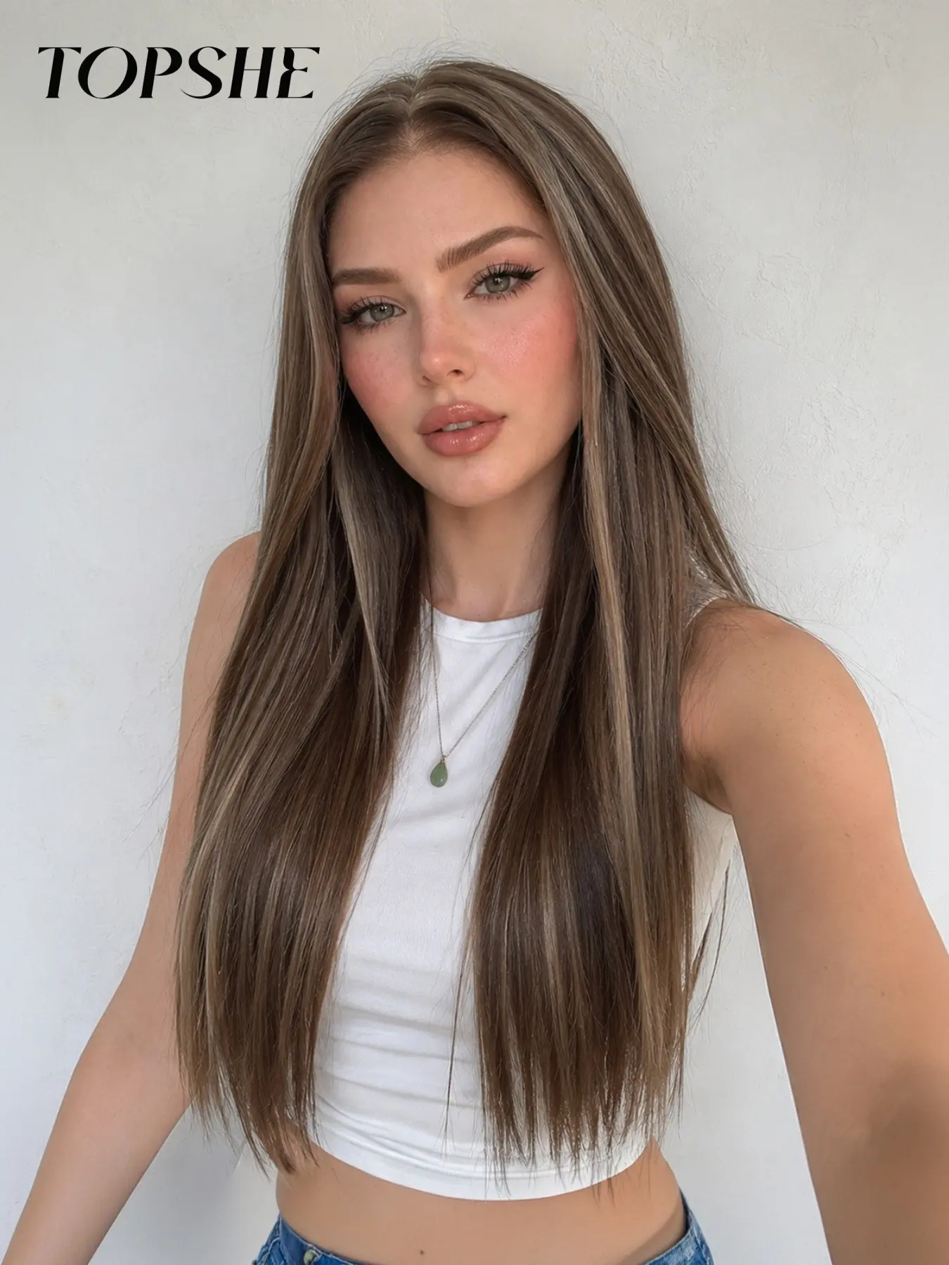 Topshe 24-Inch Long Straight Wig, Highlights, No Bangs, Pre-Cut Lace Front, Easy Application, Natural Look, All Seasons