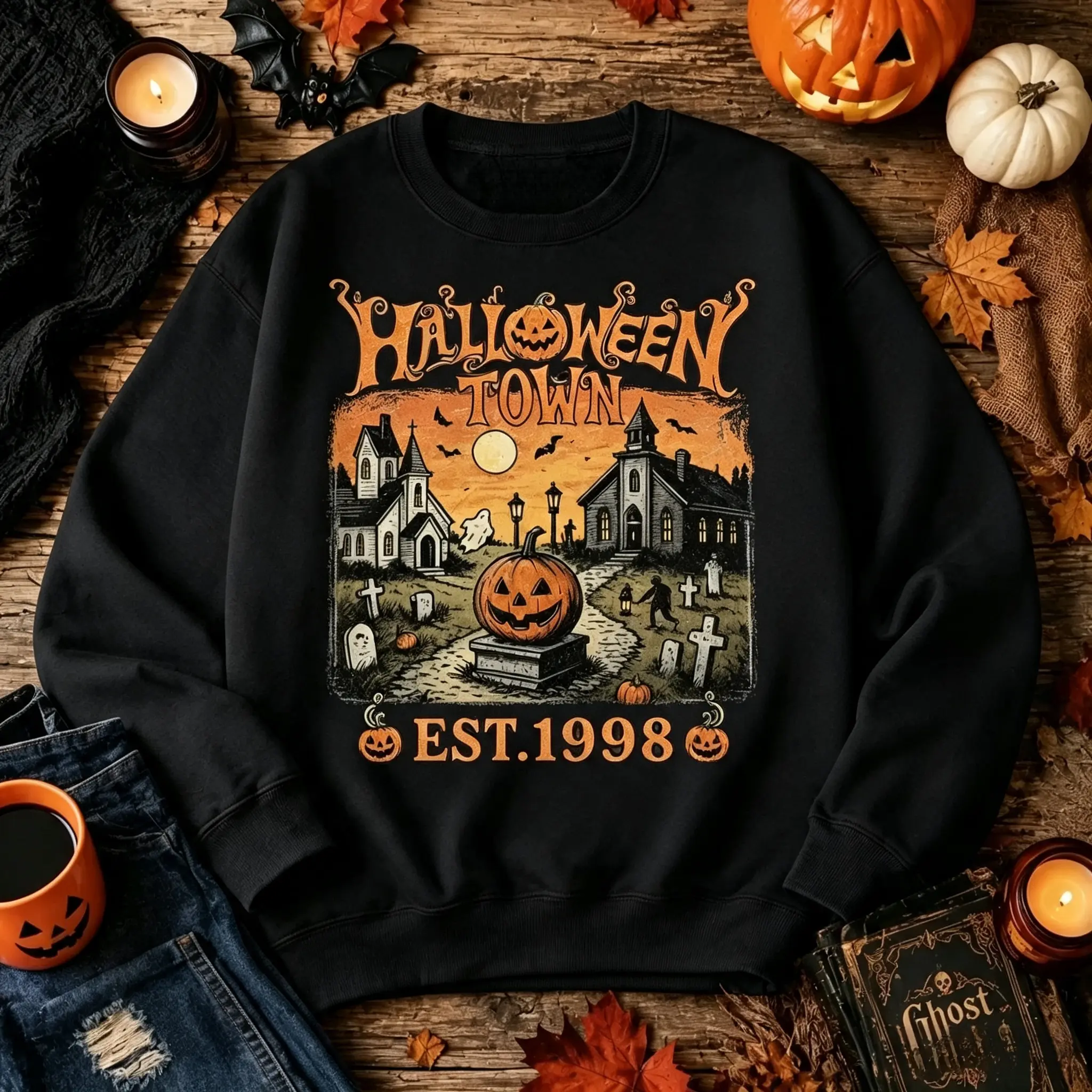 Halloween Town EST.1998 Hoodie, Vintage Halloween Crew Neck Sweatshirt, Ghost Pumpkin Pattern Hoodie, Vintage Autumn Hoodie, Halloween Gift, Unisex.