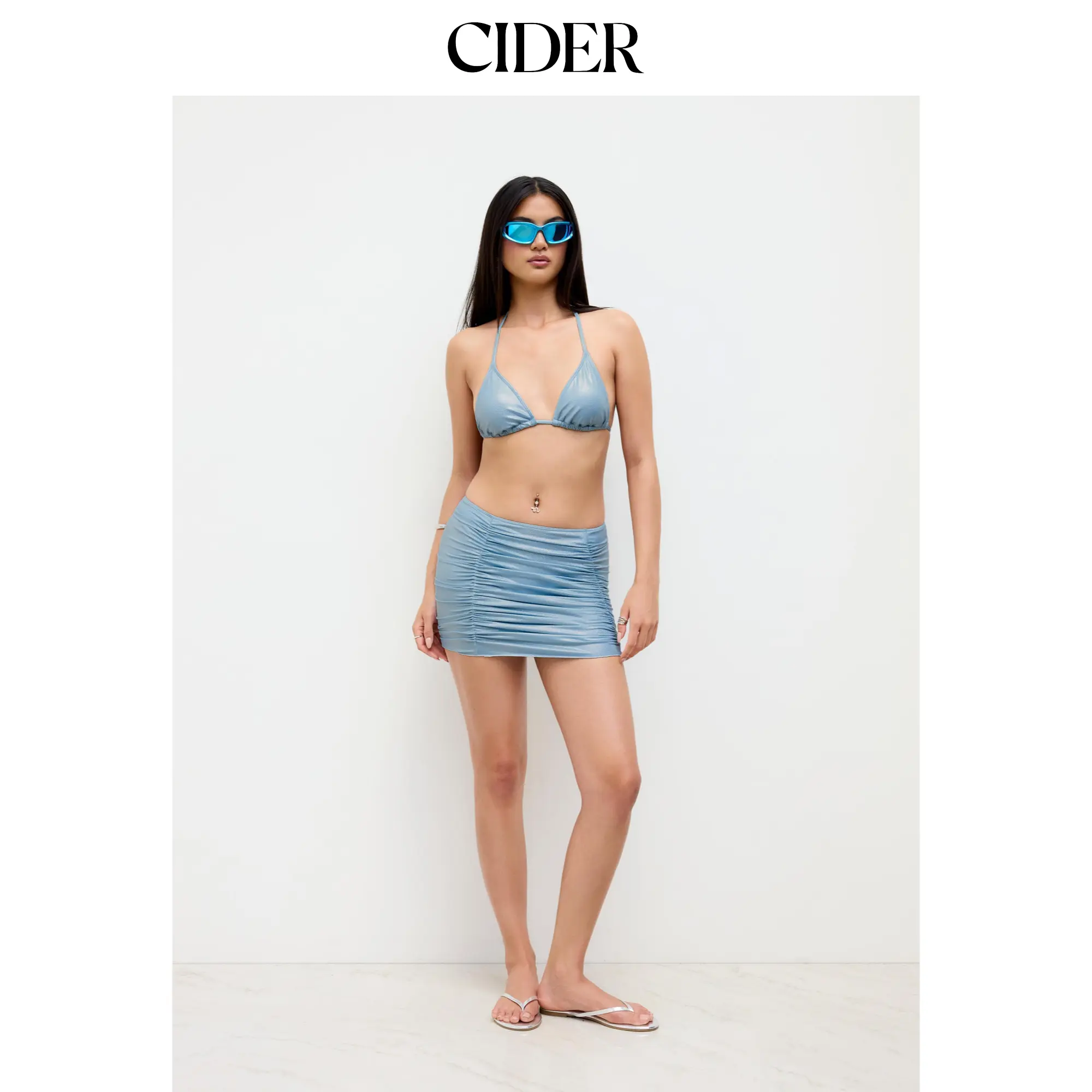 Cider V-neck Halter Sequin Cheeky Bikini Set With Ruched Beach Skirt