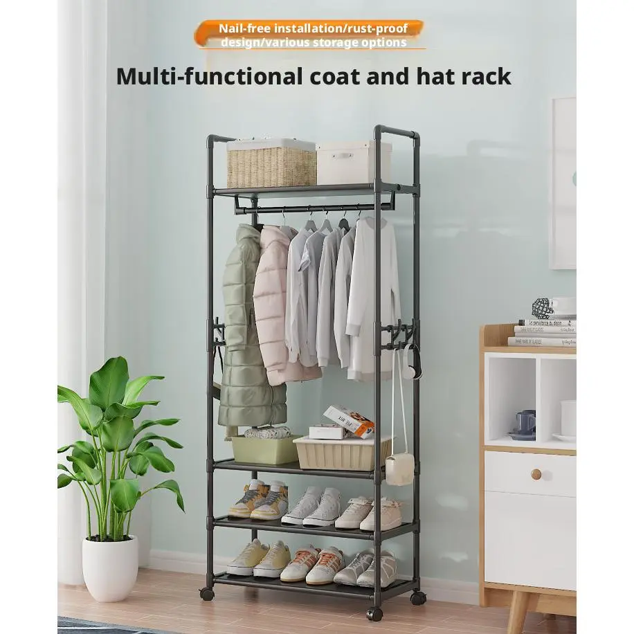 Portable Floor Garment Rack, Multi-Layer Clothes Organizer Stand, Freestanding Coat Hanger for Bedroom & Living Room, Storage for Clothes, Bags & Accessories