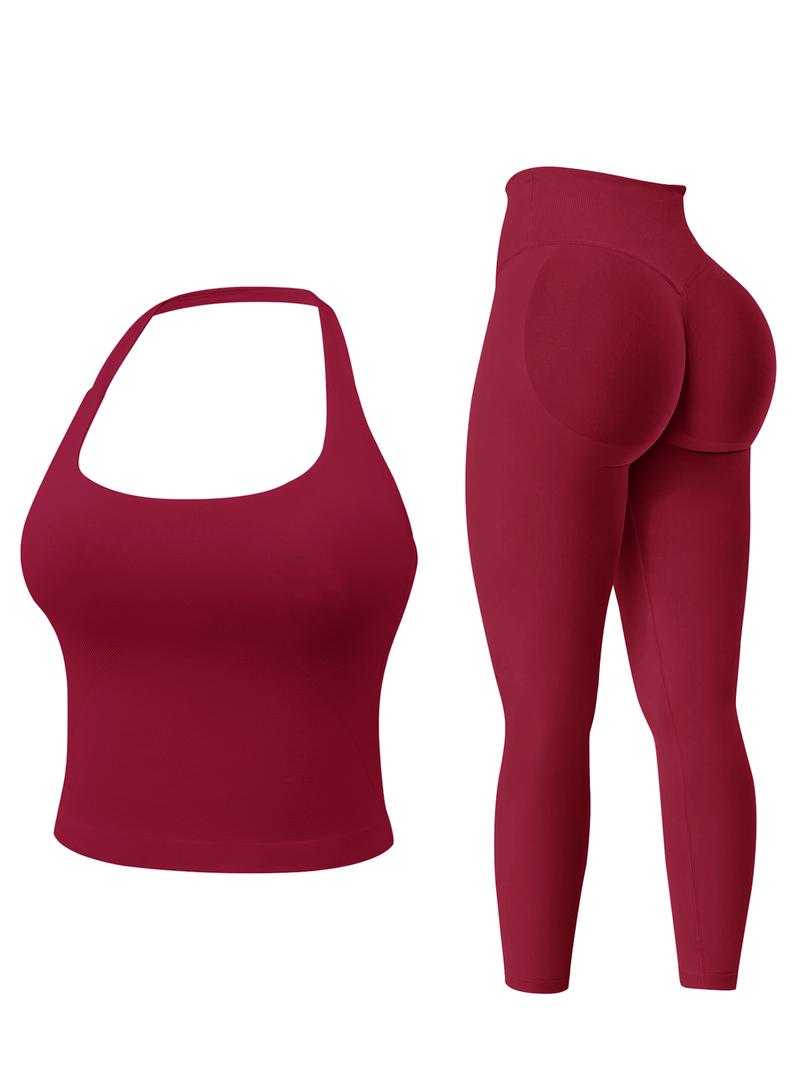 Two-Piece Set Women's Solid Seamless Crop Tank Top & High Waist Leggings Tracksuit Set, Sporty Casual Breathable Comfortable Outfits for Yoga Gym Workout Running, Ladies Sportswear Yoga Wear Fitness for All Seasons