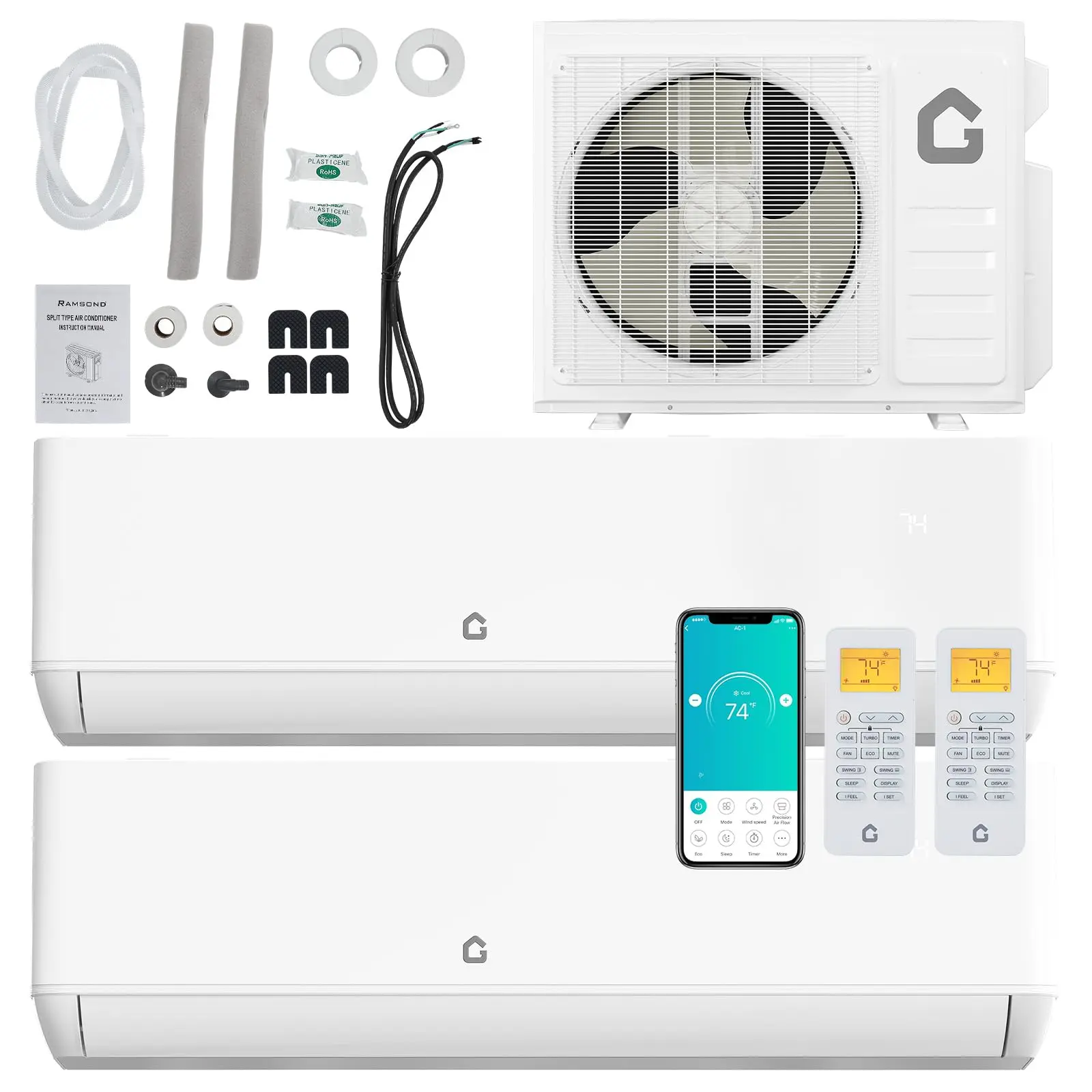 Garvee 18K Dual 2 Zone Mini Split Air Conditioner,24 SEER2 12000 BTU+ 12000 BTU Wifi Enabled Multi Zone Ductless, 208-230V Cools Up to 1500 Sq.Ft Multi Zone Ductless Pre-Charged Heat Pump