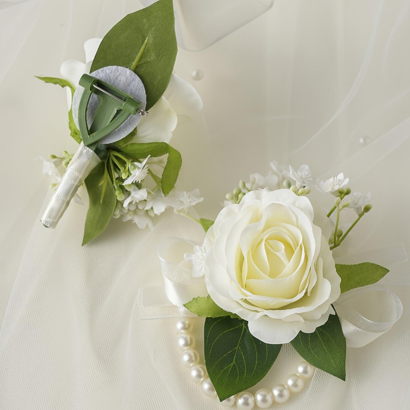 3-piece set of white rose wedding bouquets suitable for brides, elegant artificial rose boutonnieres suitable for grooms and groomsmen, wrist flowers for brides and bridesmaids, wedding decorations, wrist flowers for mothers, bridal shower hand-tossed bou