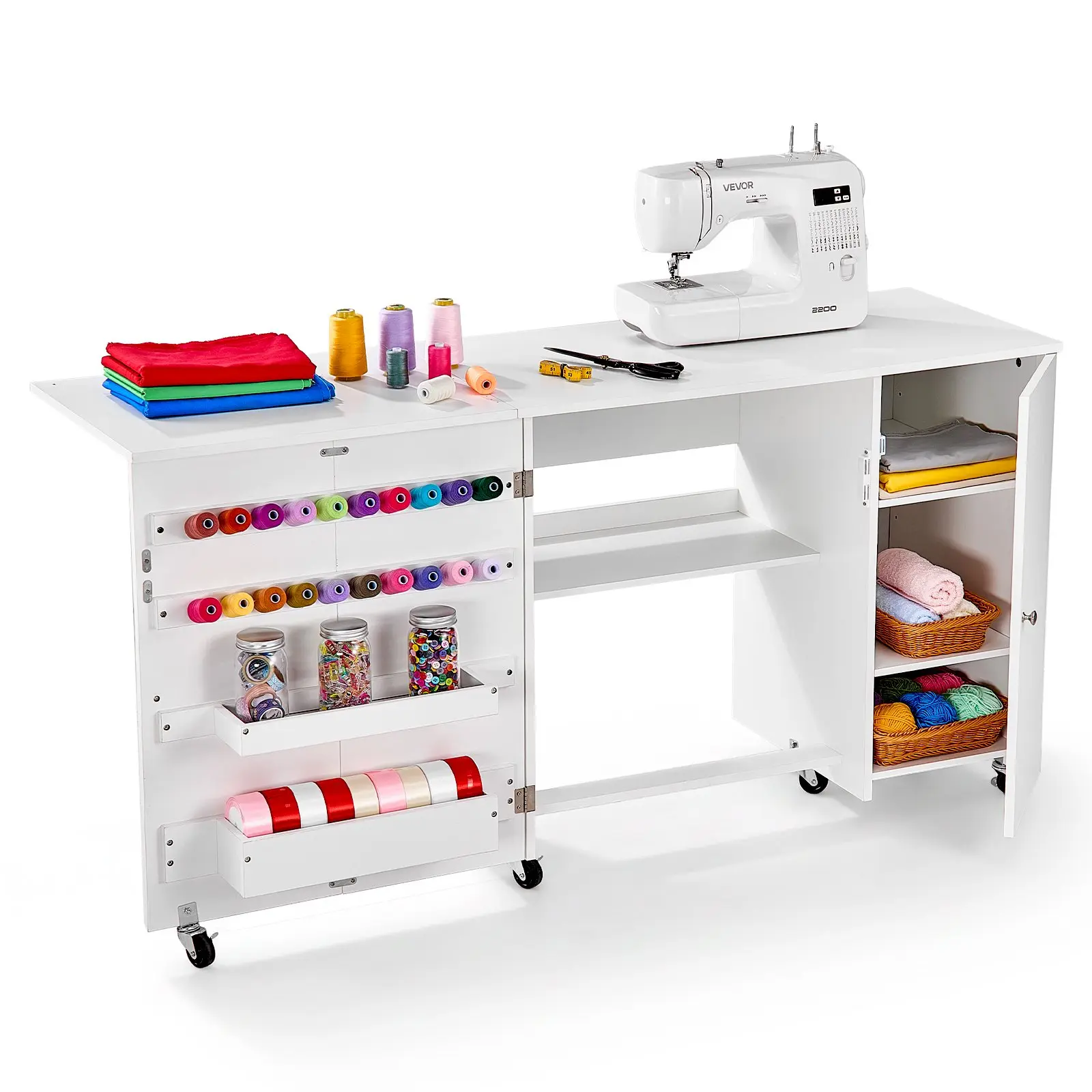 【toolupgrade】VEVOR Compact PB Board Folding Sewing Table with Cabinet, Wheels, Wooden Pegs, Storage Trays, Shelf, Magnetic Door, Home Craft Station & Side Desk for Indoor Use, White