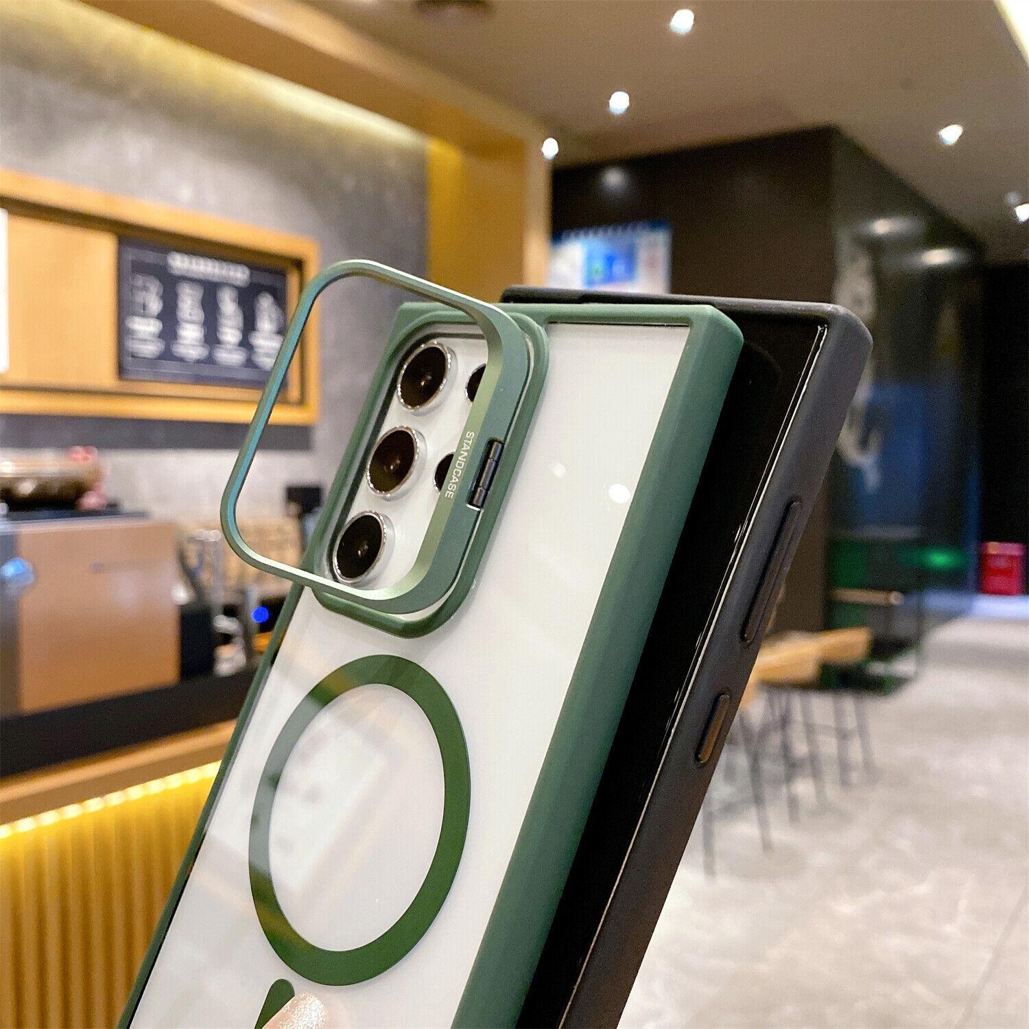 [Free !ship] for Samsung Galaxy S25 S24 Ultra S23 S22 Plus for MagSafe magnetic wireless charging clear case Shockproof bumper hard transparent back cover silicone frame, invisible folding camera bracket stand shell