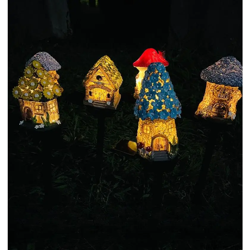 Outdoor Solar Fairy House Garden Light, Waterproof Resin Cottage Stake Lamp with Automatic Dusk to Dawn LED, Decorative Landscape Lawn Light for Yard, Patio, Garden Path, Flower Beds, Fairy Garden Gift
