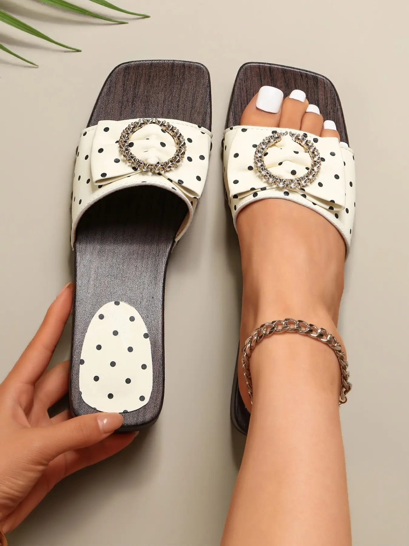 French Polka Dot Rhinestone Sandals, Cream Color Retro Style, Comfortable Soft Sole, Perfect for Daily Wear and Dates