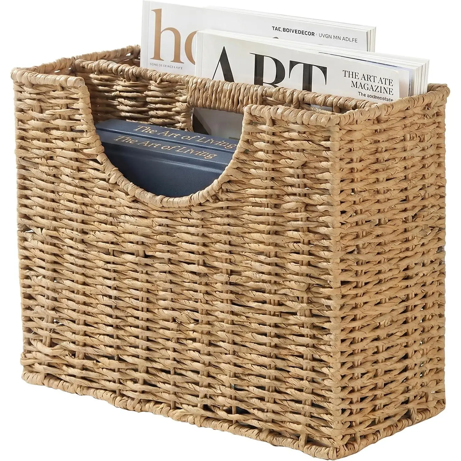 Coeusy Wicker Magazine Basket, Paper Rope Woven Magazine Holder for Files, Books, Documents, Newspapers, Narrow Boho Organizer and Storage Bins with Handle for Office, Living Room, Bathroom (Natural)