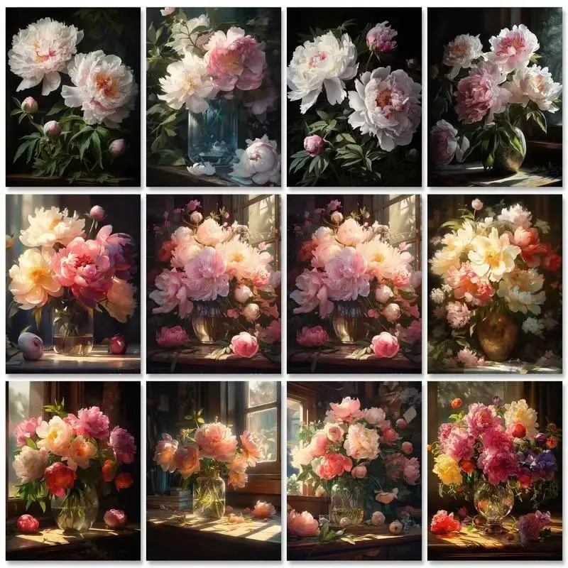Vintage Peony Paint By Numbers Kit - 1 Set 16x20(40x50cm) Soft Colors Blush Pink White Floral DIY Canvas Supplies, Calming Handcraft, Elegant Gift for Adult Beginners, Living Room Wall Decor