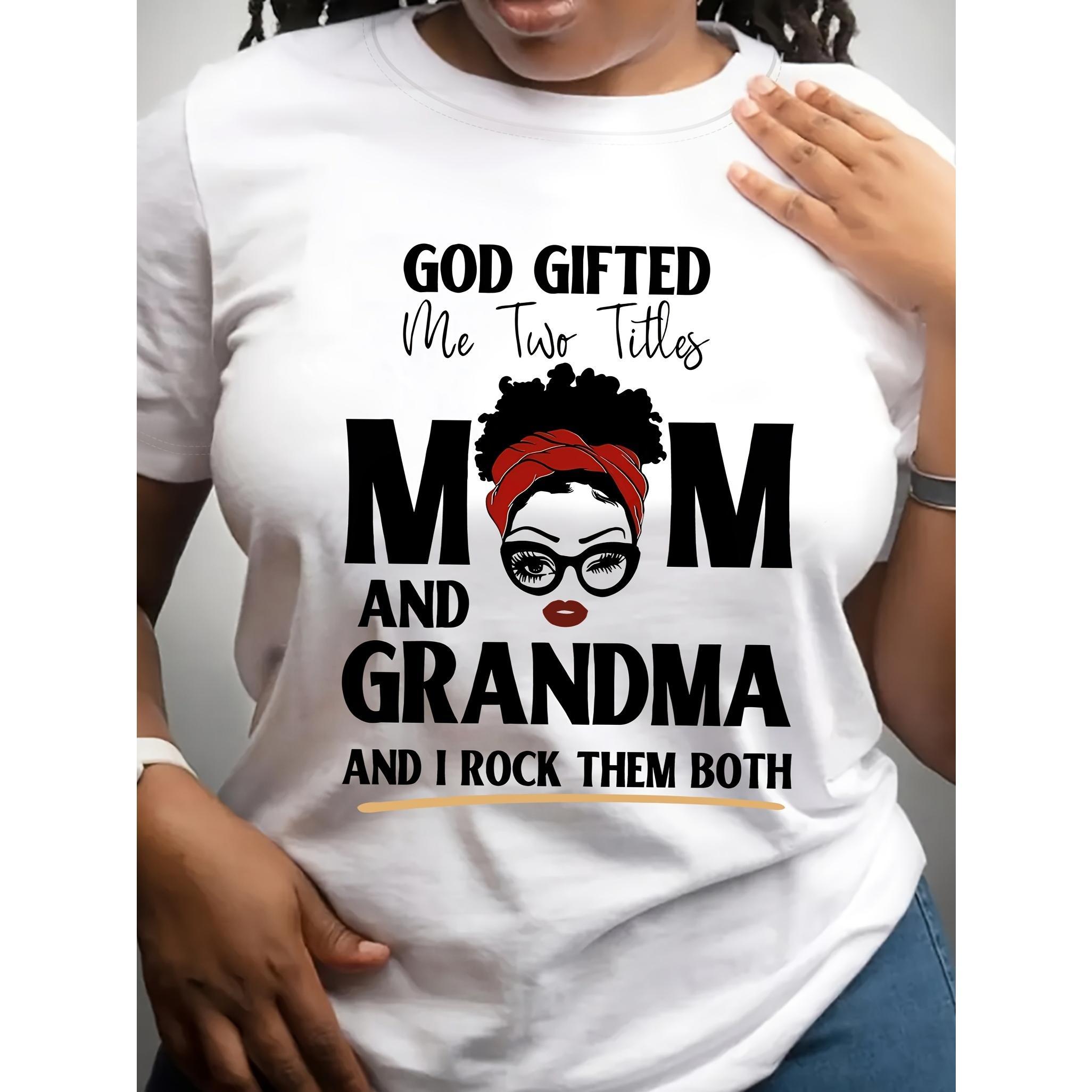 Women'S Casual Crew Neck T-Shirt with "God Gifted Me Two Titles Mom and Grandma" Letter Print, Cotton Knit Fabric, Short Sleeve Top for All Seasons - 180gsm Printed Womenswear