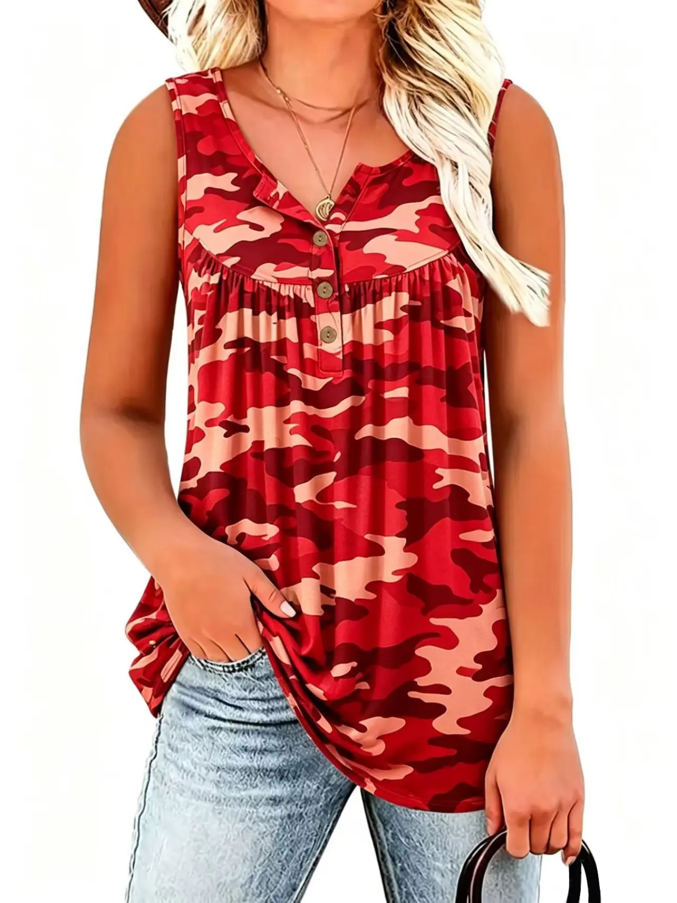 Vacation Style Camouflage Sleeveless Vest, Loose Fit Slimming Outerwear, Casual Floral Pattern T-Shirt, Comfortable Plain Surface Design Tops, Casual Beach Tank