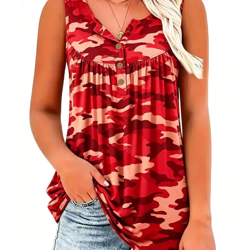 Vacation Style Boho Casual Summer Camouflage Sleeveless Vest, Loose Fit Slimming Outerwear, Casual Floral Pattern T-Shirt, Comfortable Plain Surface Design Tops, Casual Beach Tank, Bohemian Clothing