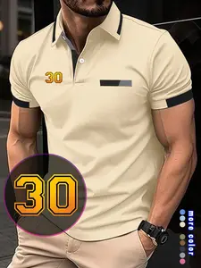New Men's Casual Polo Shirt, Chest Pouch Design, Button Front Short Sleeve Top, Breathable Soft Fabric, Ideal for Leisure, Vacation, Sports