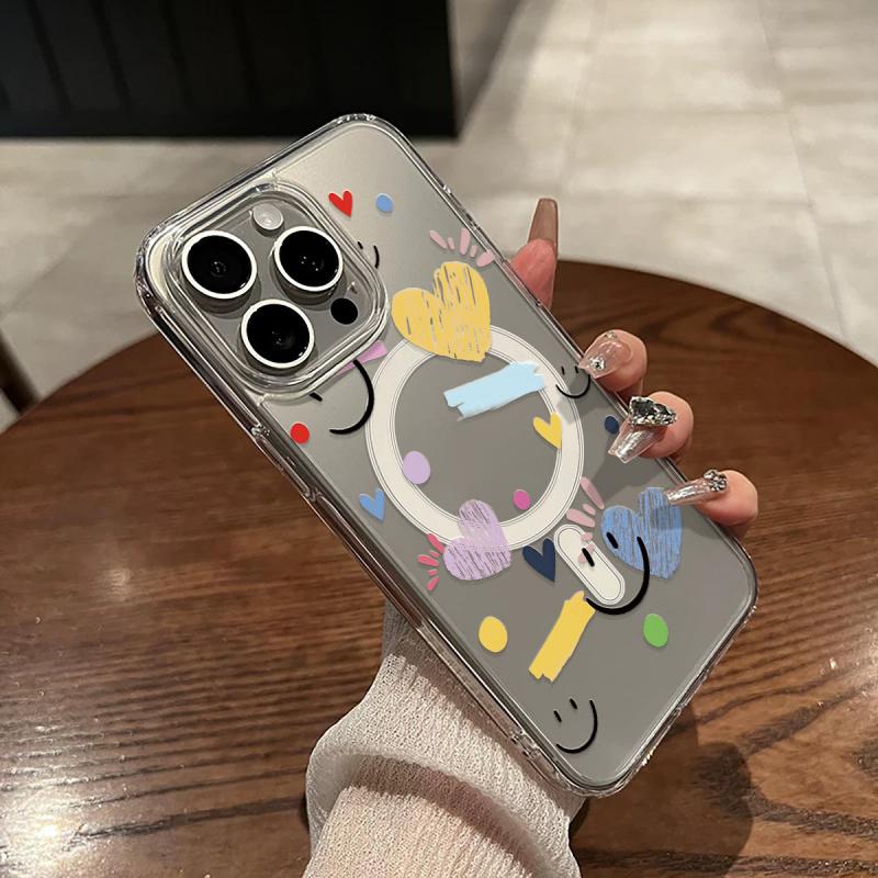 Fashionable Anime Pattern Phone Case with Heart joyful Design, Shockproof Magnetic Transparent Case, Magnetic Wireless Charging Compatible, for iPhone 11 12 13 14 15 16 17 Pro Max Air Plus Mini, Clear Back Cover, Halloween Christmas Valentine's Day
