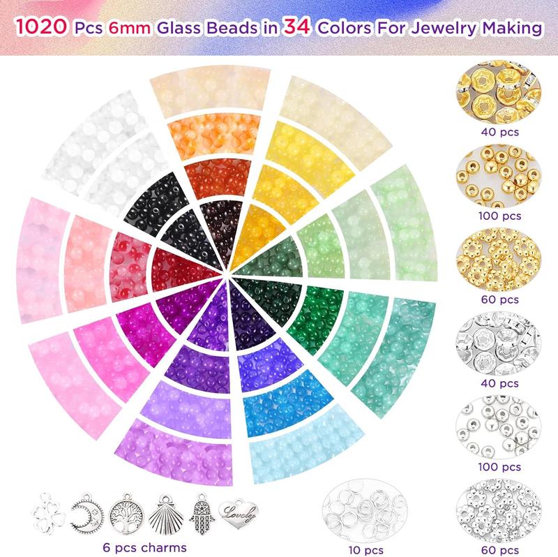 1368 count 6mm Glass Beads for Bracelets, 34 Colors  Beads for  Making,  Round Glass Beads for DIY Earrings Necklace Crafts with Spacer Beads and Charms, Solid and Gradient Colors