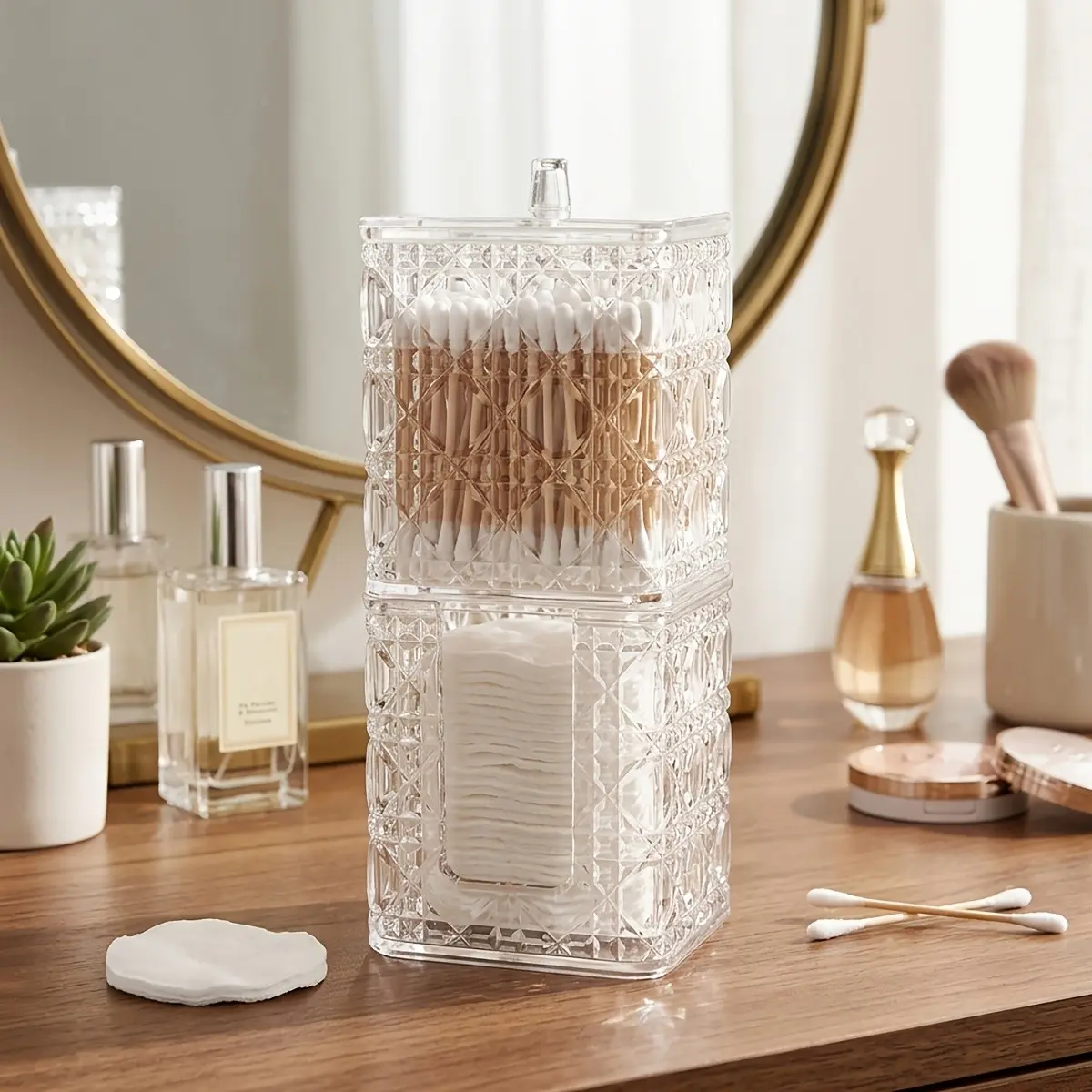 2-in-1 Qtip Holder and Dispenser, Clean Pad Storage Box, Cotton Pad Dispenser, Square and Round Cotton Pad Holder and Organizer, Countertop Storage Container