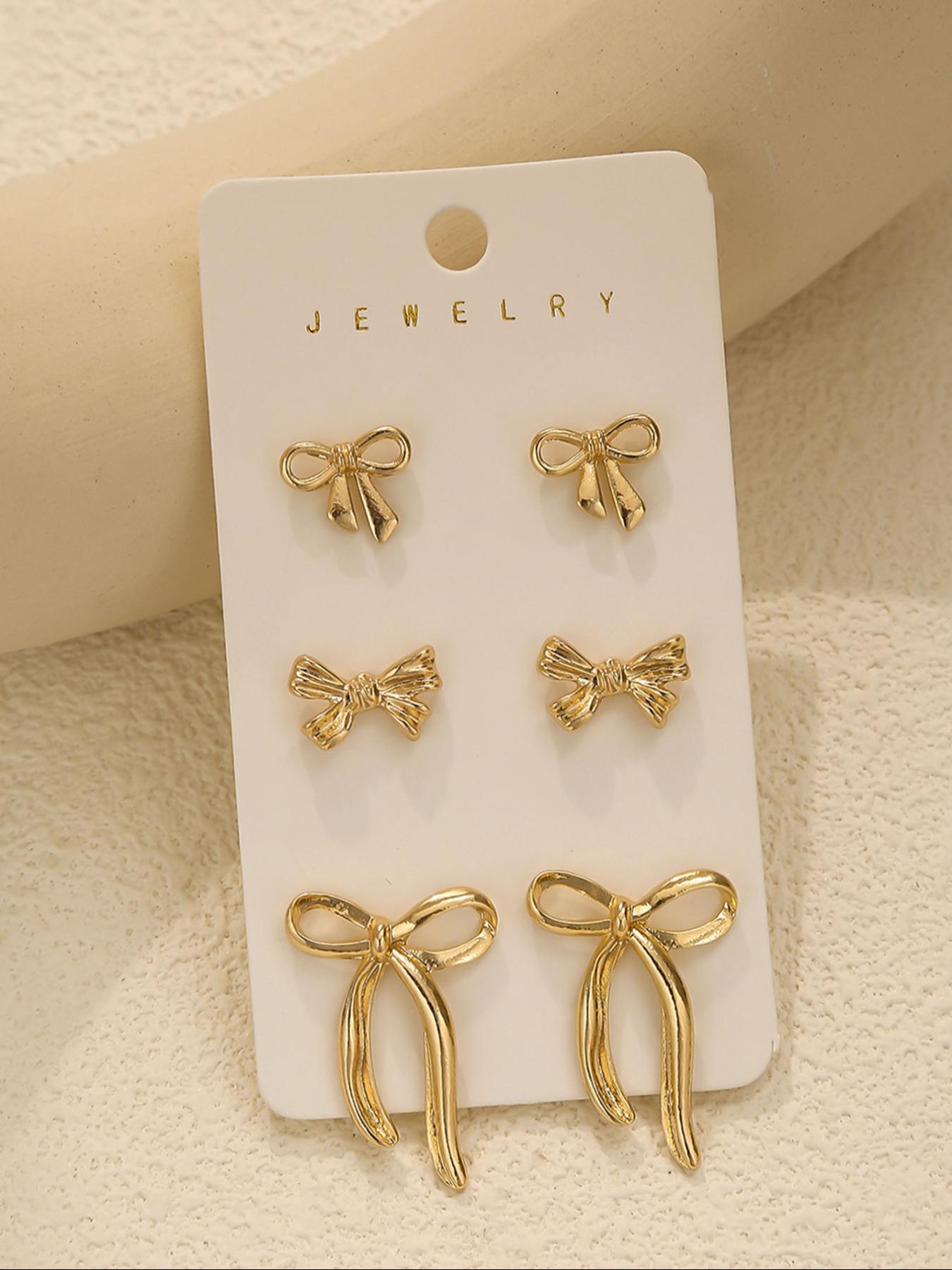 Bow Earrings Set, 3 Pairs Of Stylish Bow Stud Earring Jewelry for Women, Elegant Minimalist Earrings, Fashion Accessories for Every Occasion, Ear Studs
