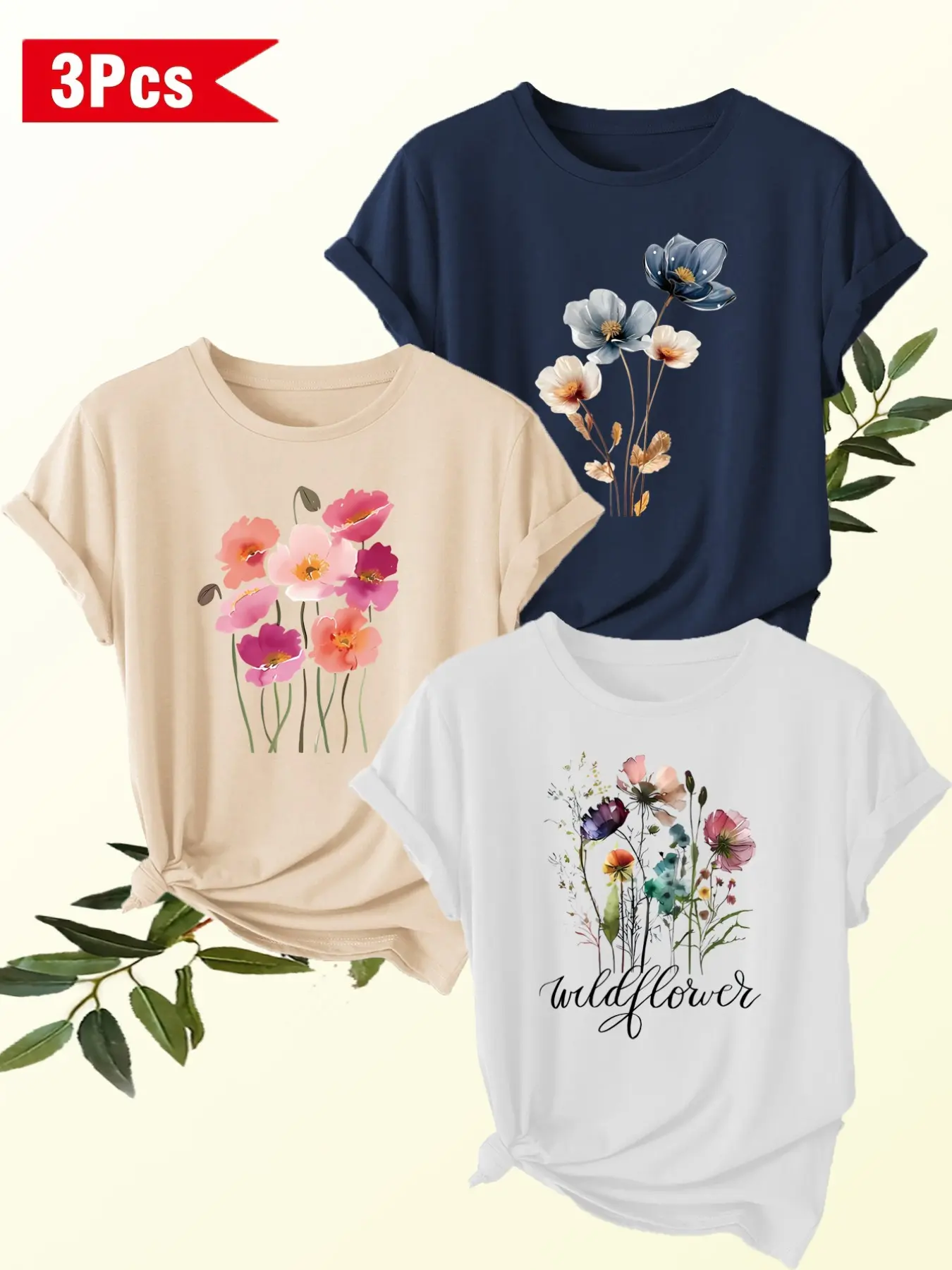 Women's 3-Pack Round Neck Short Sleeve T-Shirts, Watercolor Floral Print, Casual Everyday Wear, All Seasons