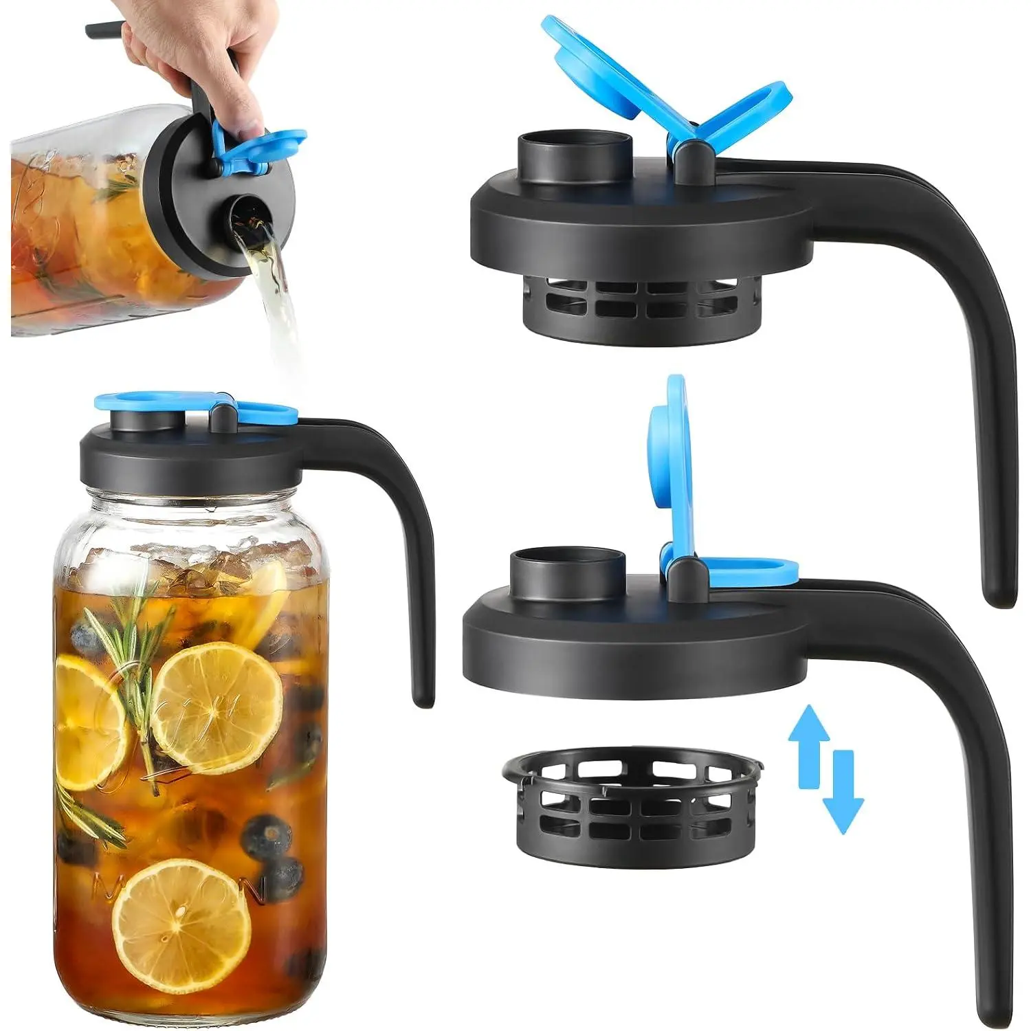 Stylish Upgraded Wide Mouth Mason Jar Pour Spout Lids with Detachable Filters - 2-Pack Flip Top Pitcher Lids with Handle for Ball Jars, Airtight Food Grade Dishwasher Safe Covers