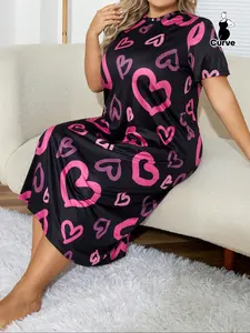 【Plus Size】 All Over Heart Print Round Neck Nightdress, Casual Soft Comfortable Short Sleeve Nightgown for Women, Women's Sleepwear for All Seasons