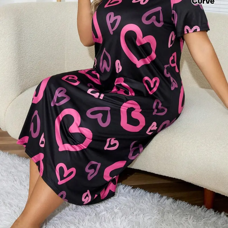 [Plus Size] All Over Heart Print Round Neck Nightdress, Casual Loose Soft Comfortable Short Sleeve Printed Nightgown for Women, Women's Sleepwear Loungewear for All Seasons #GLOBAL PICKS