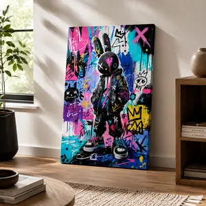 Graffiti Street Style Bunny Vertical Canvas Wall Art, Colorful Urban Cool Rabbit Poster, Home Decor for Living Room Bedroom Game Room, Available as Unframed Canvas Poster or Framed Canvas Wrap