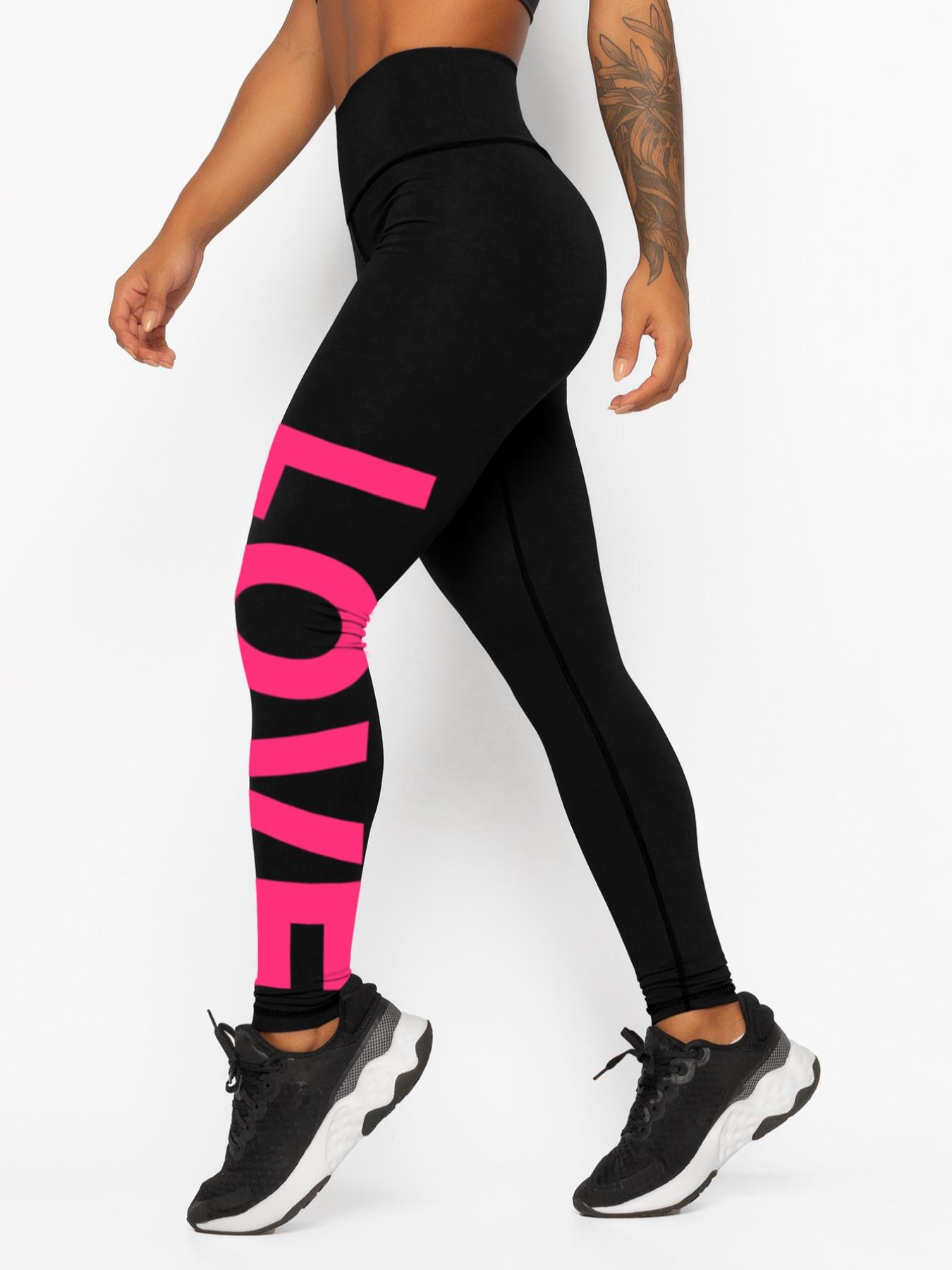 Women's Letter "LOVE" Print High Waist Sports Leggings, Sporty Comfy Skinny Pants, Summer Outfits 2024, Gym Clothes, Gym Fitness Leggings, Stretchy Workout Leggings, Ladies Sportswear, Tummy Control, Skinny Yoga Bottoms, High Waisted Leggings