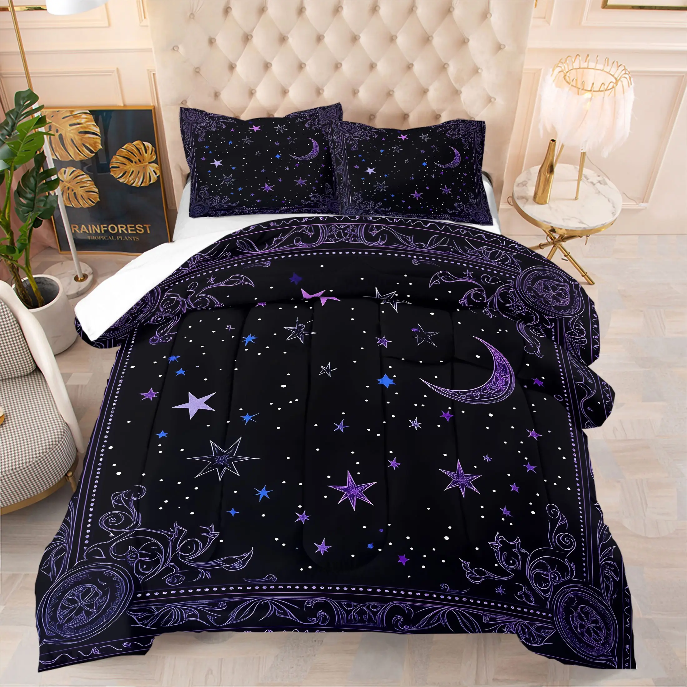 Mystical Purple Moon & Star Quilt Sets, Soft Breathable Gothic Night Sky Bedding, Includes 1 Quilt + 1-2 Pillowcases, Unique Witchy Gift Quilt for Bedroom, Dorm & Guest Room, Twin/Full/Queen Size