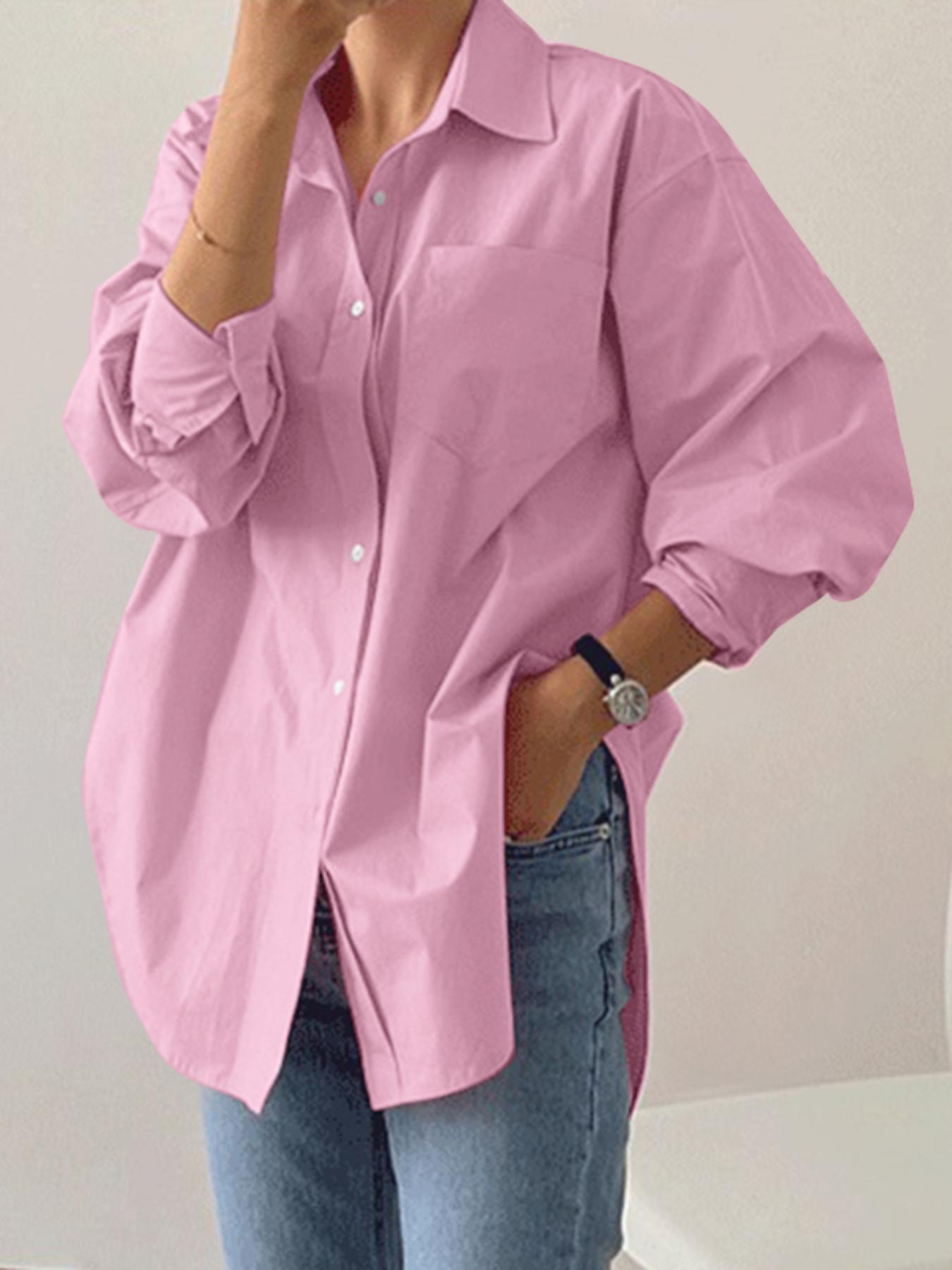 Women's Plain Button Front Drop Shoulder Shirt Blouse, Casual Loose Long Sleeve Collared Top for Fall & Winter, Quality & Durable Women's Clothing for Daily Wear