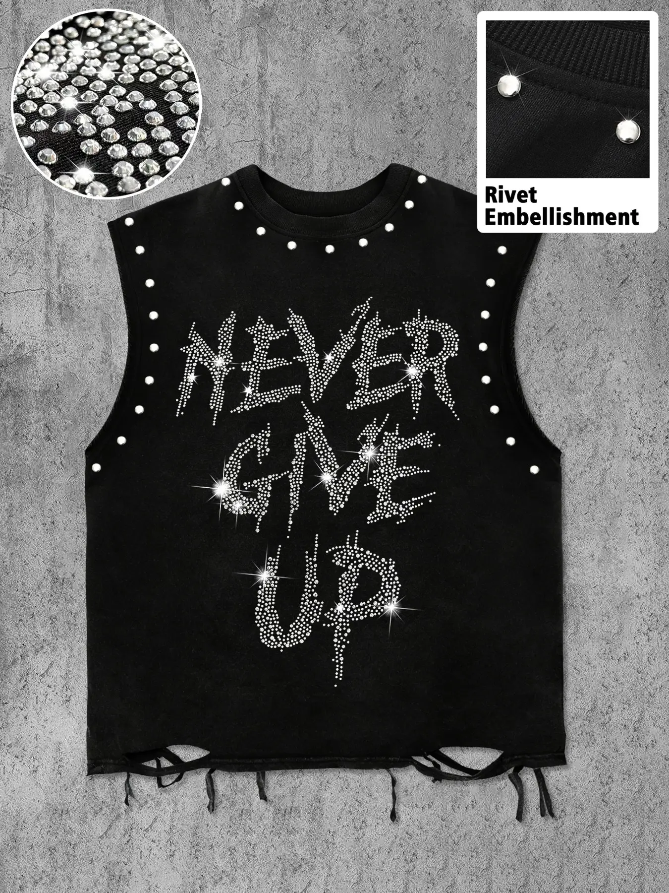 Summer Casual Letter Rhinestone Sleeveless Vest, Rivet Decoration + Ripped Hem Round Neck Top, Street Style for Gym and Daily Wear, Streetwear
