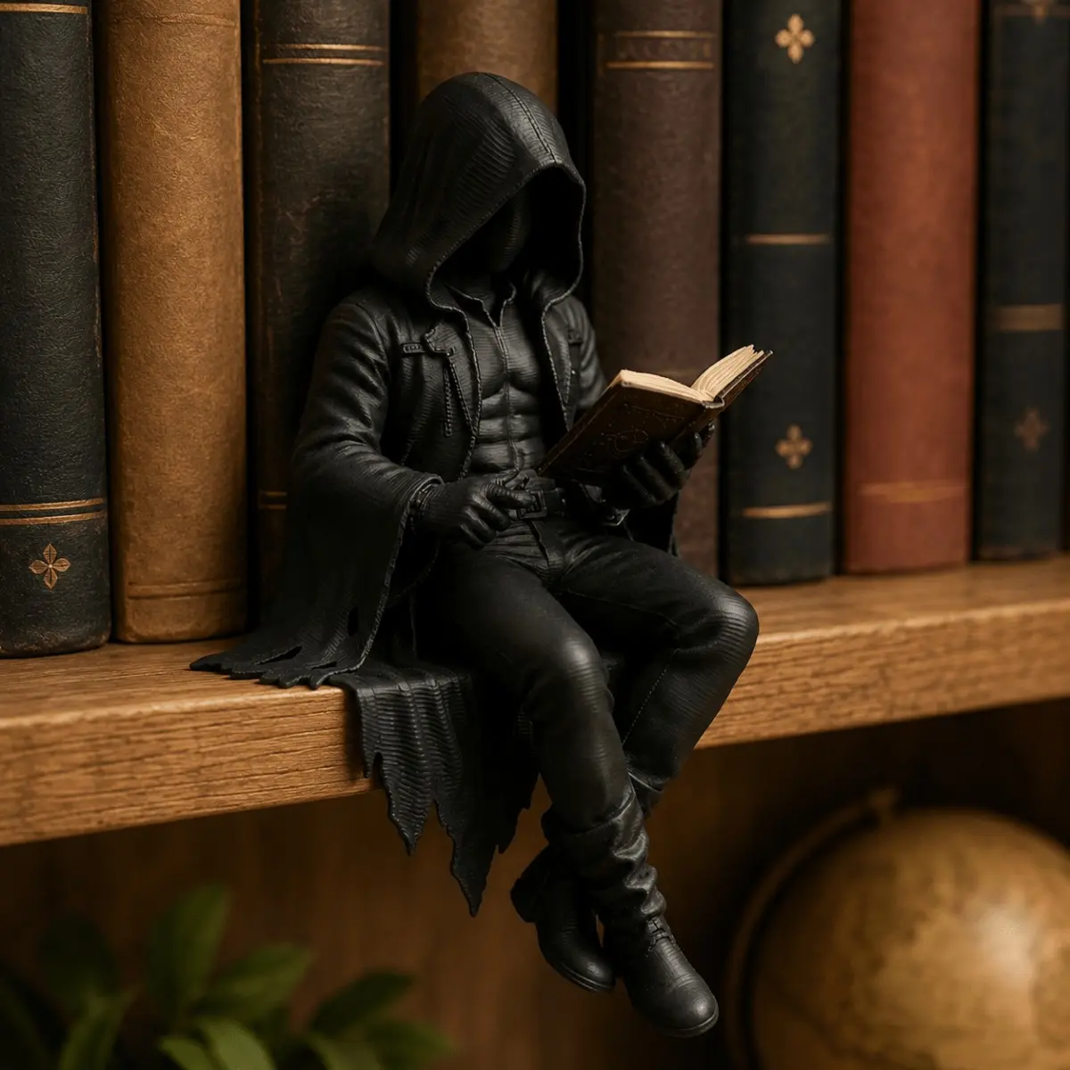Black Hooded Reader Statue, Faceless Book Reading Figurine with Gothic Dark Academia Style, Decorative Bookshelf Ornament for Home, Office and Library Desk, Gift for Book Lovers, Holiday and Back to School Decor, Display