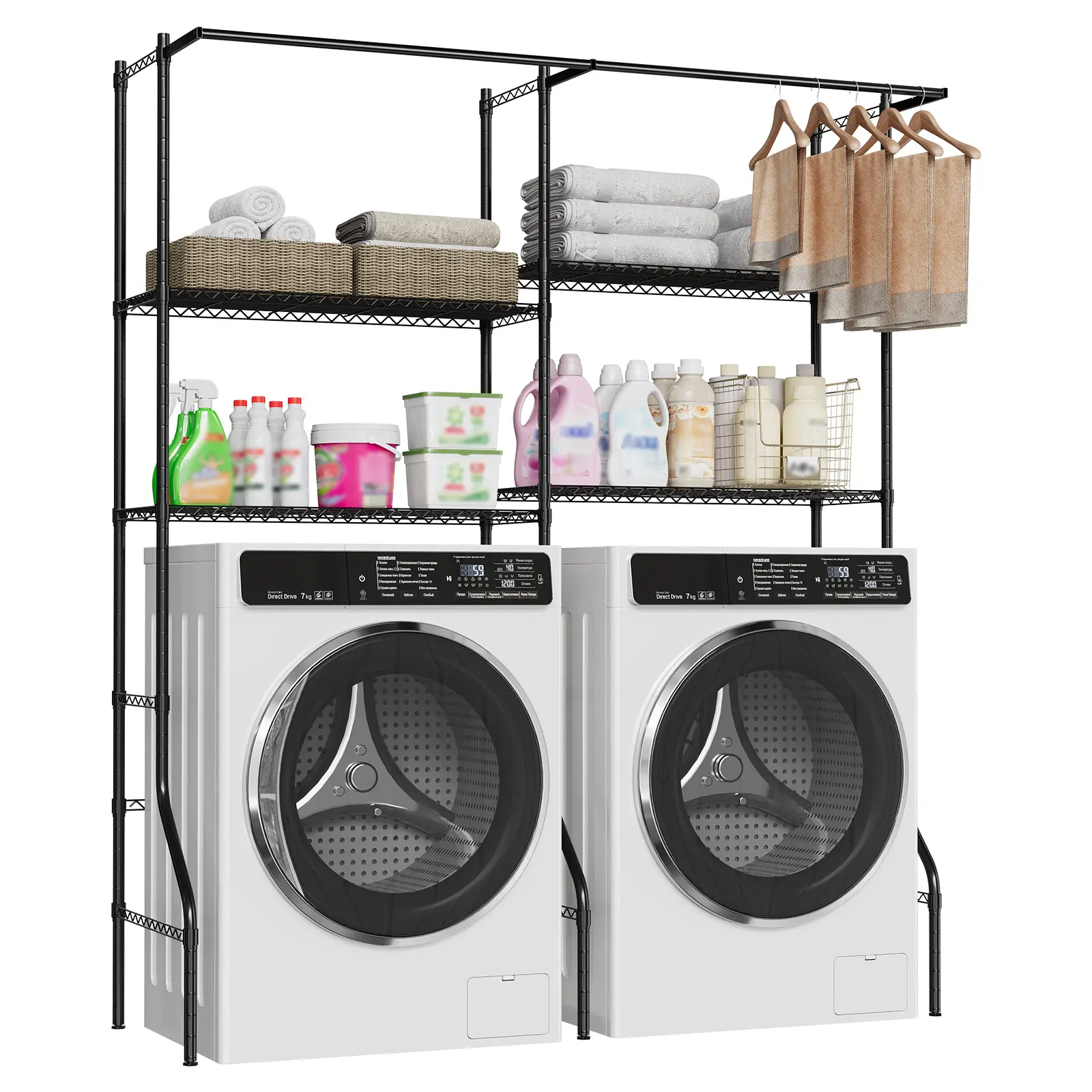 Over Washer and Dryer Storage Shelves, Heavy Duty 4 Tiers Laundry Room Storage and Organizer System, Adjustable Height Clothes Drying Rack with 2 Clothes Hanger Rods, Space Saving