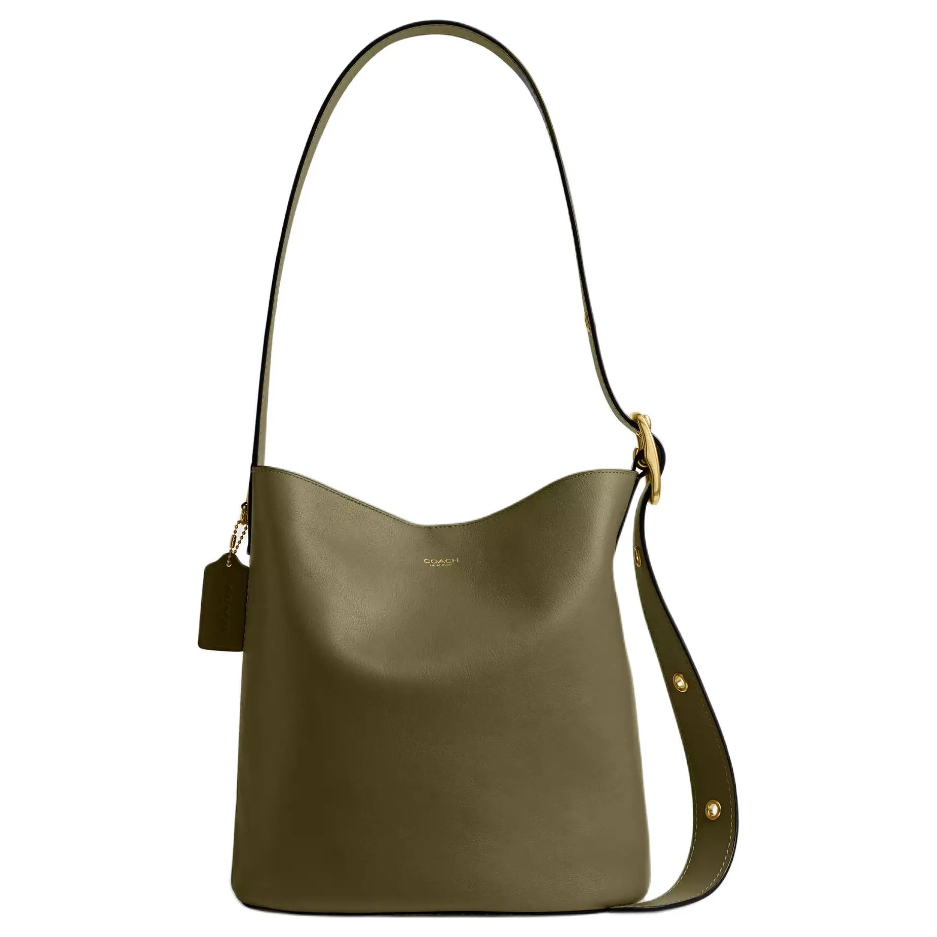 COACH Bleecker 28 Leather Bucket Bag for Women – Large, Gold-Tone Hardware, Tan and Olive Color Block