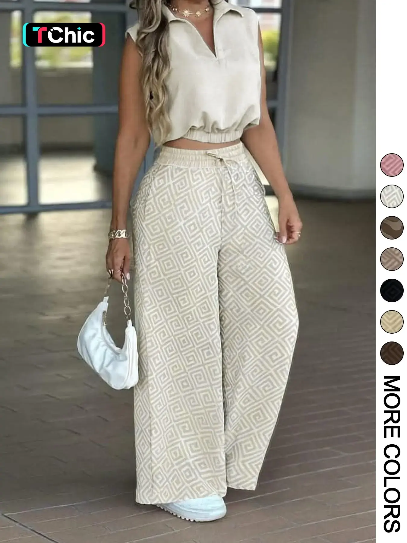 2-Piece Women's Casual Commuter Set, Sleeveless Collared Waist-Defined Top with High-Waisted Drawstring Wide-Leg Pants