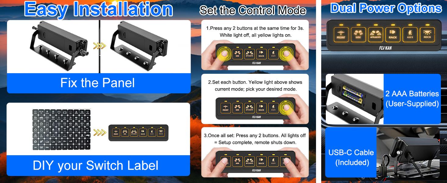 6 Gang Switch Panel,Multifunction Remote Switch Panel for Offroad Lights with 4 Modes & 2 Options & Waterproof -Wide Applicable for 12V/24V Vehicles Truck SUV ATV UTV Boat etc.