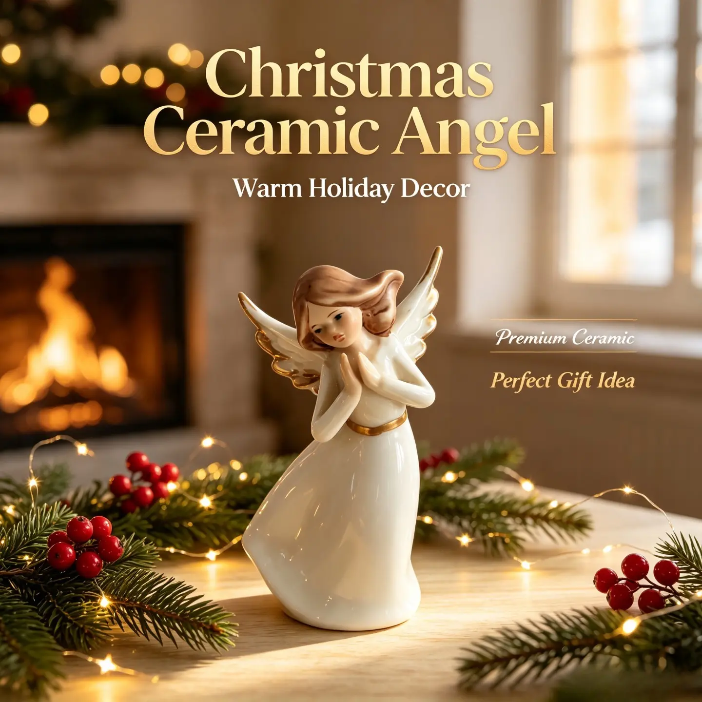 Stunning Praying Christmas Ceramic Angel Figurine, Gold‑Trimmed Porcelain Angel Statue Ornament, Premium Handcrafted Fireplace Mantel Shelf Tabletop Home Decor, Cozy Winter Holiday Desktop Centerpiece, Perfect Xmas Gift, Thanksgiving New Year Housewarming