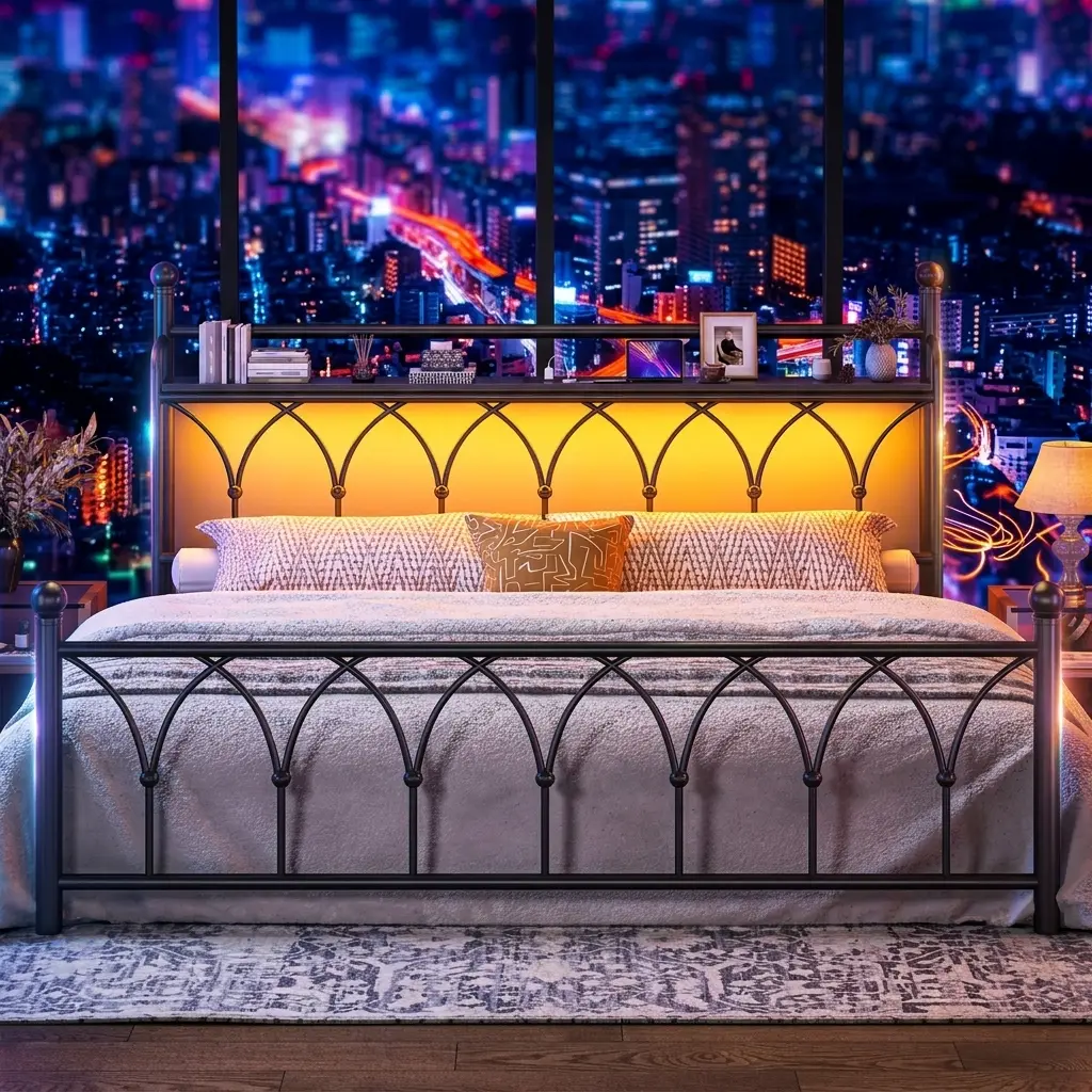 Industrial Vintage Modern White Metal Bed Frame (King, Queen Sizes) with Headboard, Footboard, Underbed Light, Power Outlets, Under-Bed Storage, 882 lbs Cap., Strong Metal Slats, Noise-Free, Easy Assembly