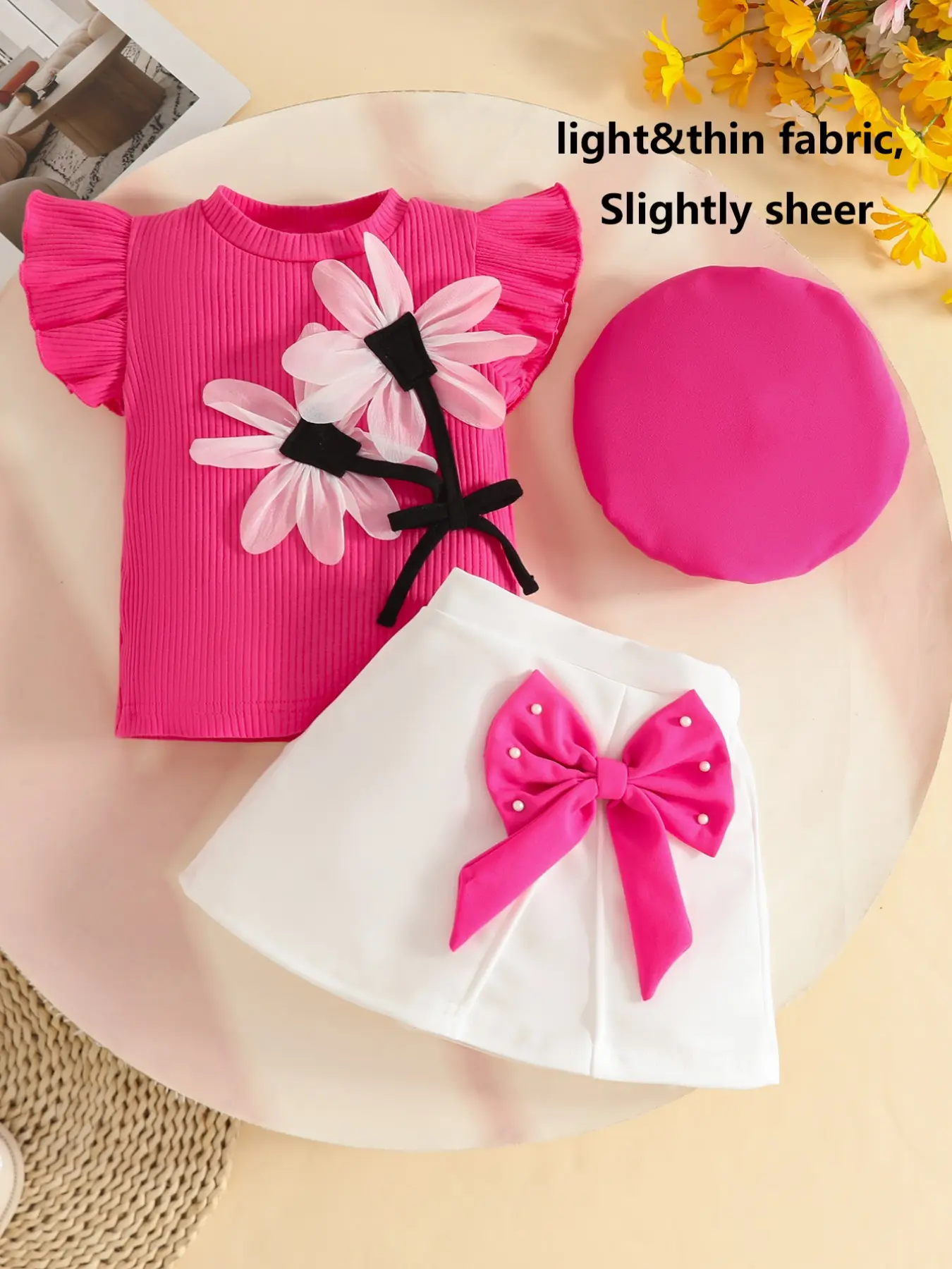 Baby Girl Sweet Floral Sleeveless Top, Bow Skirt, Beret Hat Set, 3-Piece Baby Clothing for 0-3 Years, Casual Slim-Fit Outdoor Wear