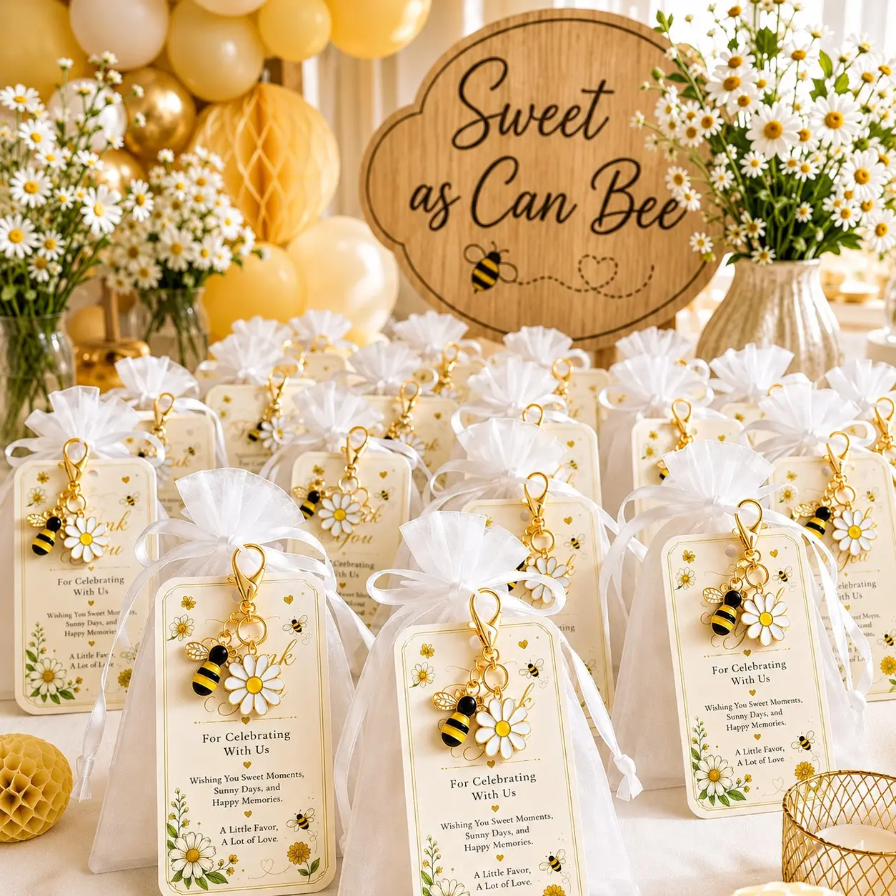 10/20 Sets Bee Baby Shower Favors for Guests, Bumble Bee and Daisy Keychains with White Organza Gift Bags and Thank You Cards, Sweet as Can Bee Party Supplies, Gender Reveal, Birthday, Baptism and Christening Favors, Guest Keepsakes