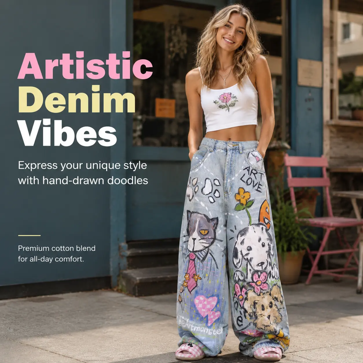 Women's High-Waist Graffiti Hand-Painted Cartoon Denim Jeans - Wide-Leg, Loose-Fit, Midi Length, Soft Breathable Unisex Cute Streetwear Bottoms with Flower Designs for Everyday Summer Casual Wear